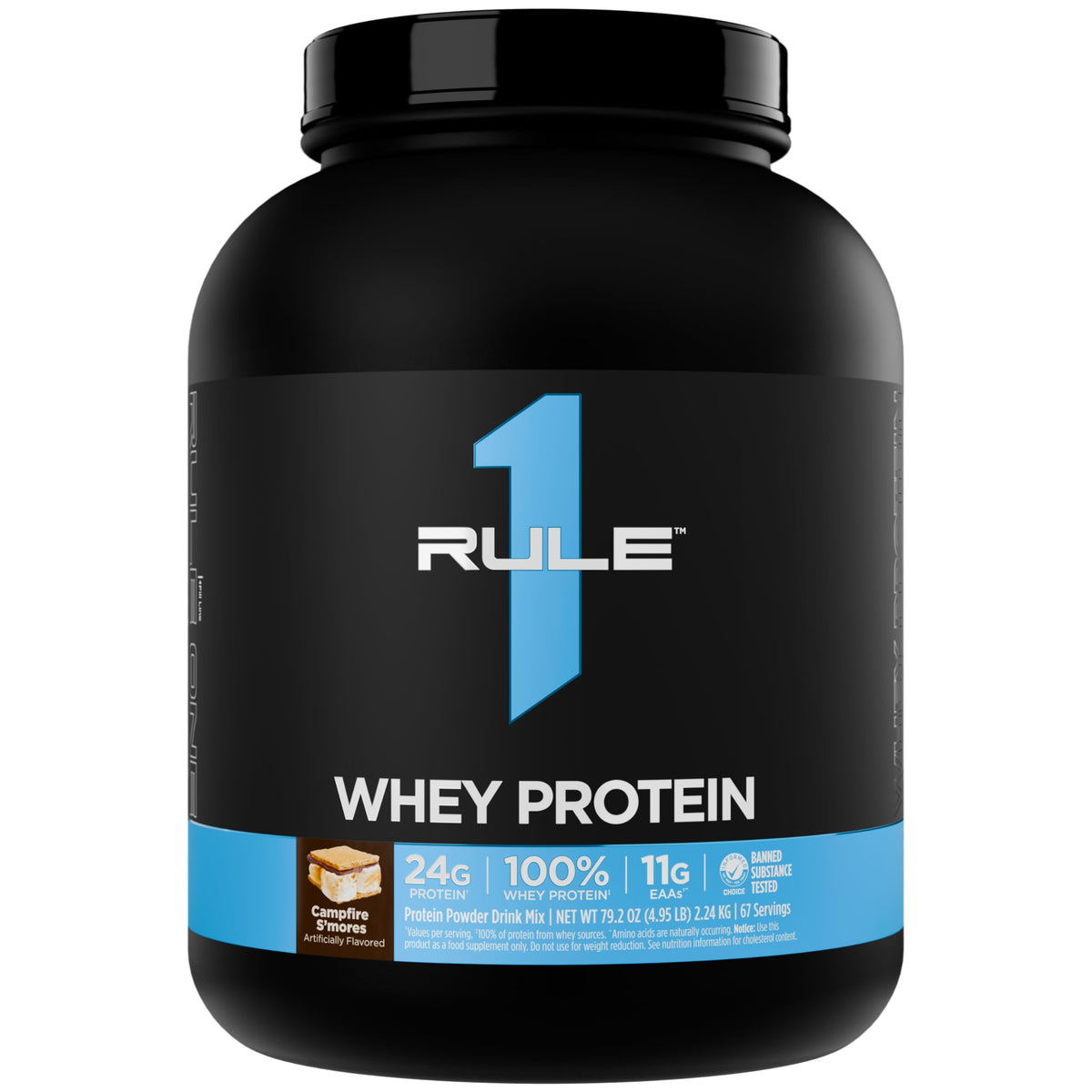 Rule 1 Proteins envase frontal sabor Campfire S'Mores con información clara