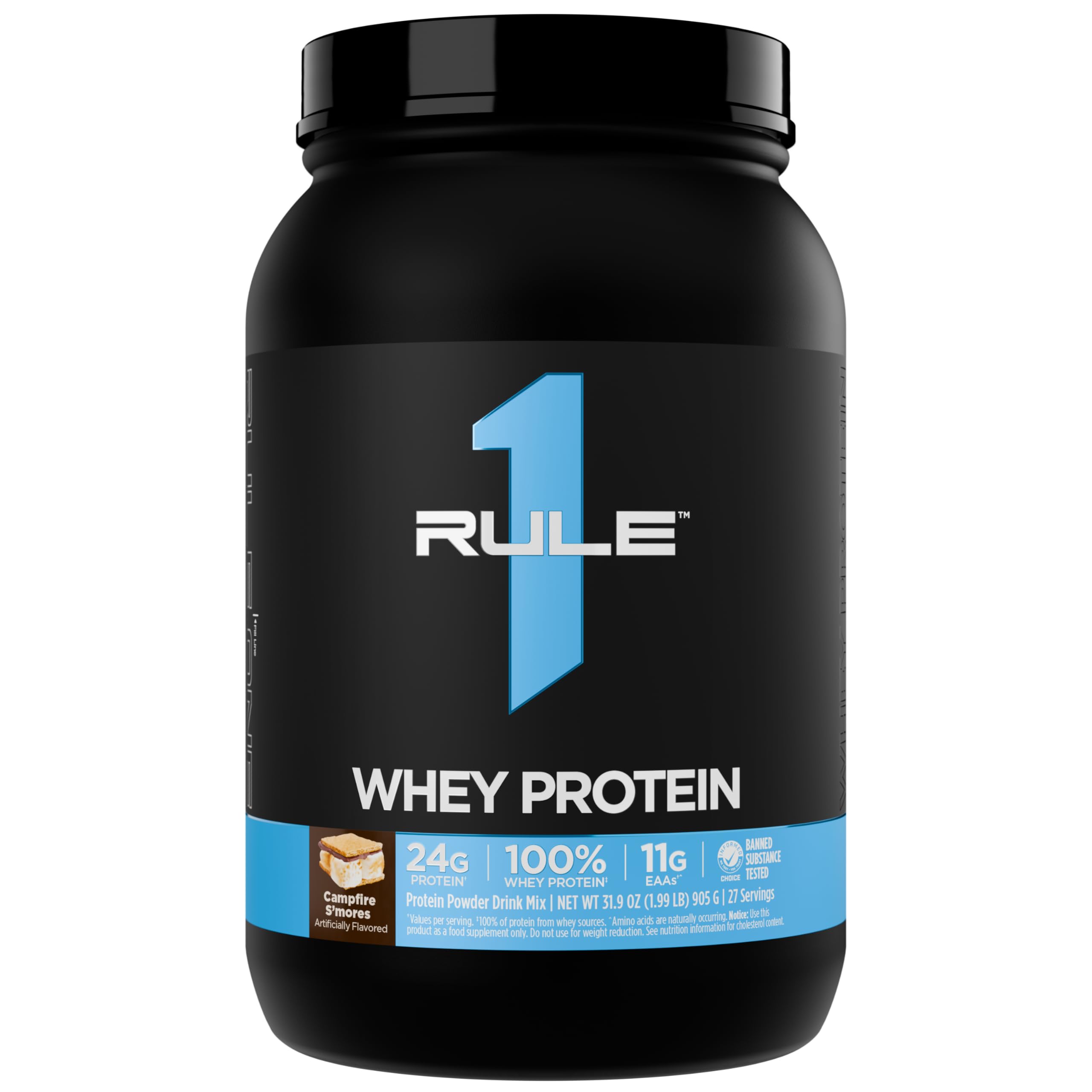 Rule 1 Proteins envase frontal Campfire S'Mores mostrando porciones y marca
