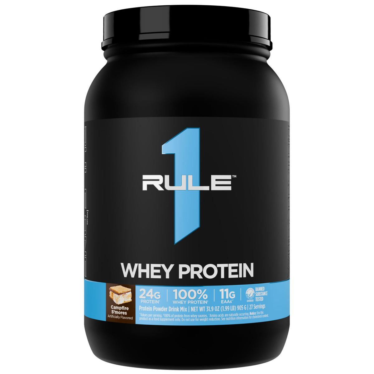 Rule 1 Proteins envase frontal Campfire S'Mores mostrando porciones y marca