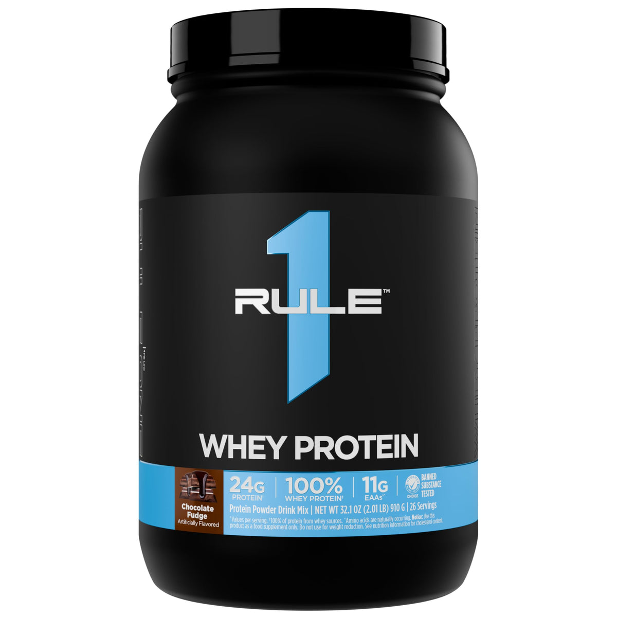 Rule 1 Proteins envase frontal Chocolate Fudge con etiqueta clara y beneficios