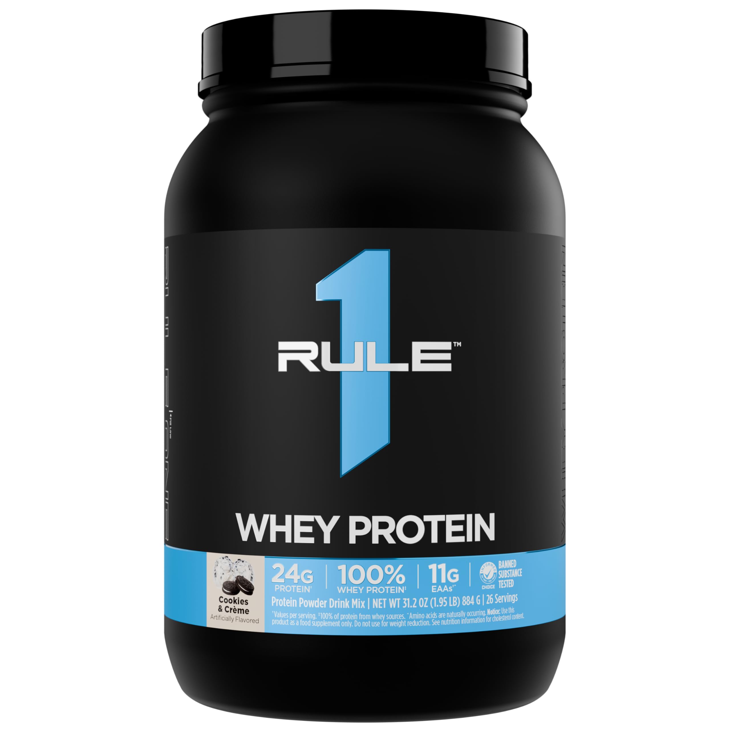 Rule 1 Proteins envase frontal Cookies & Crème mostrando diseño y beneficio práctico