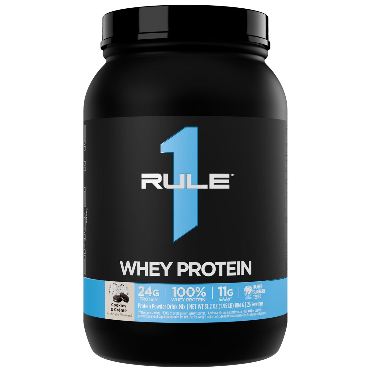 Rule 1 Proteins envase frontal Cookies & Crème mostrando diseño y beneficio práctico