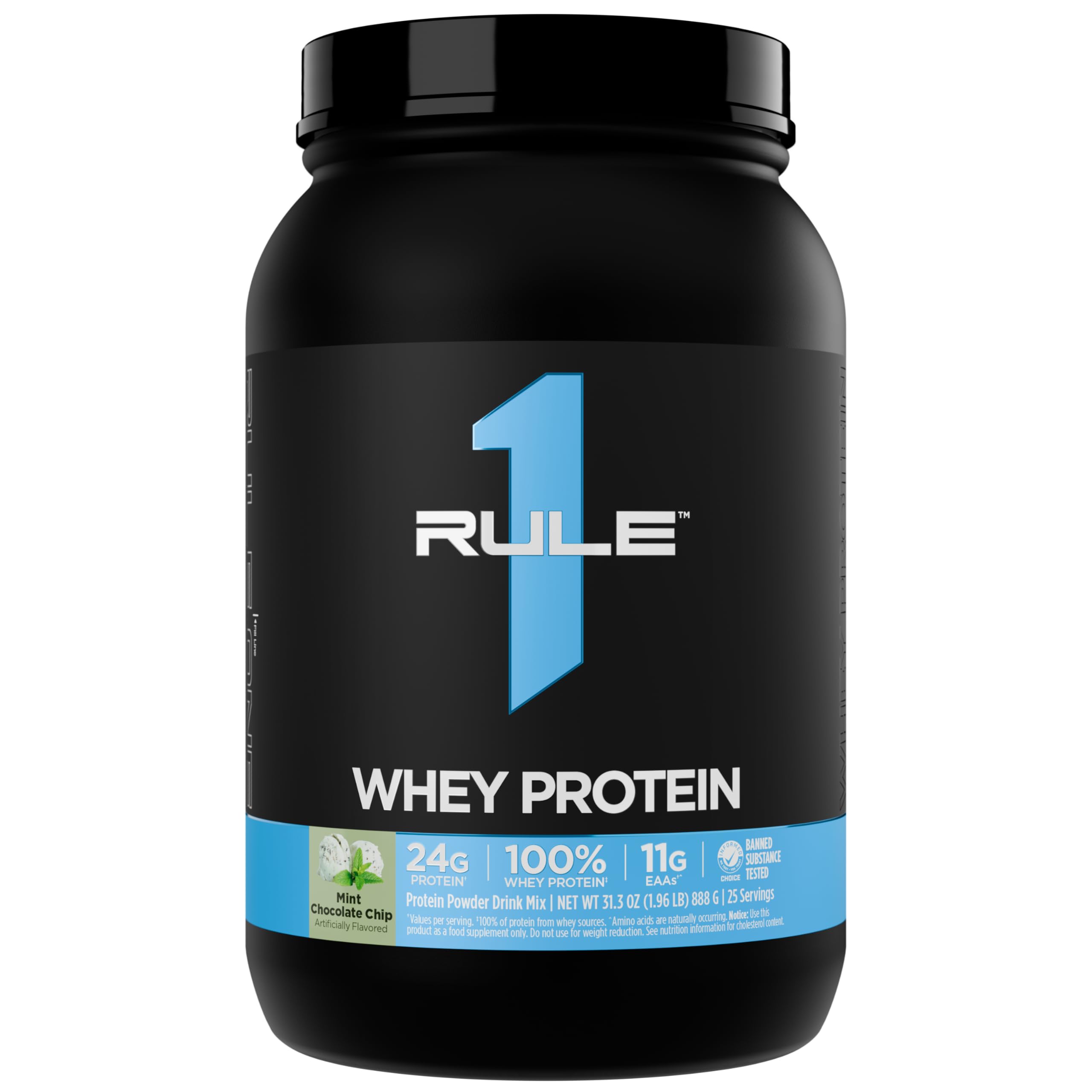 Rule 1 Proteins envase frontal mostrando sabor mint chocolate chip y conveniencia