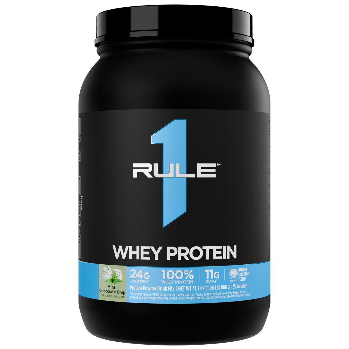 Rule 1 Proteins envase frontal mostrando sabor mint chocolate chip y conveniencia