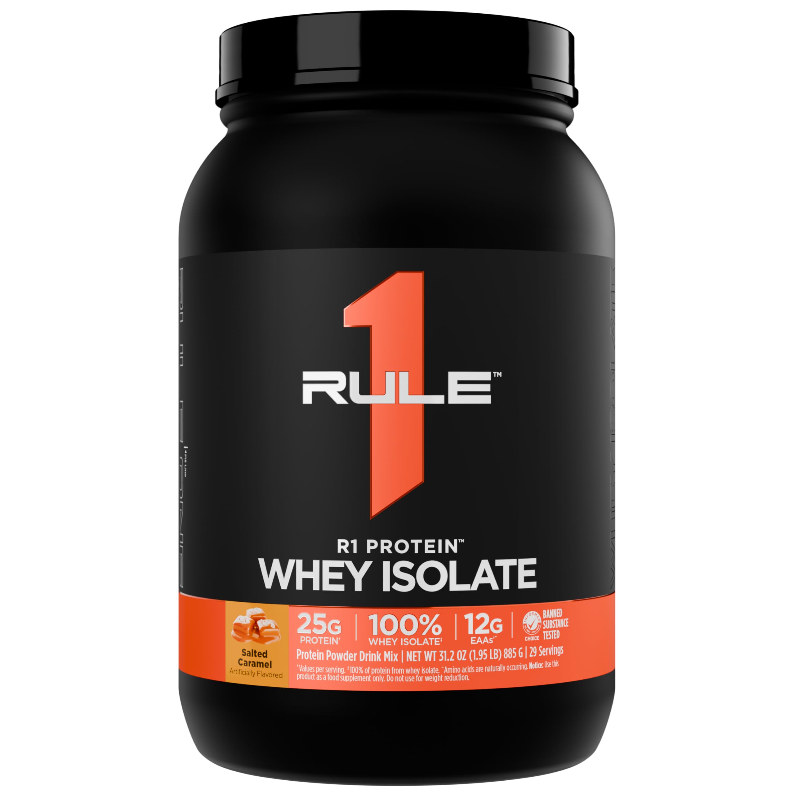 Rule 1 Proteins envase frontal Salted Caramel mostrando diseño y tamaño beneficioso