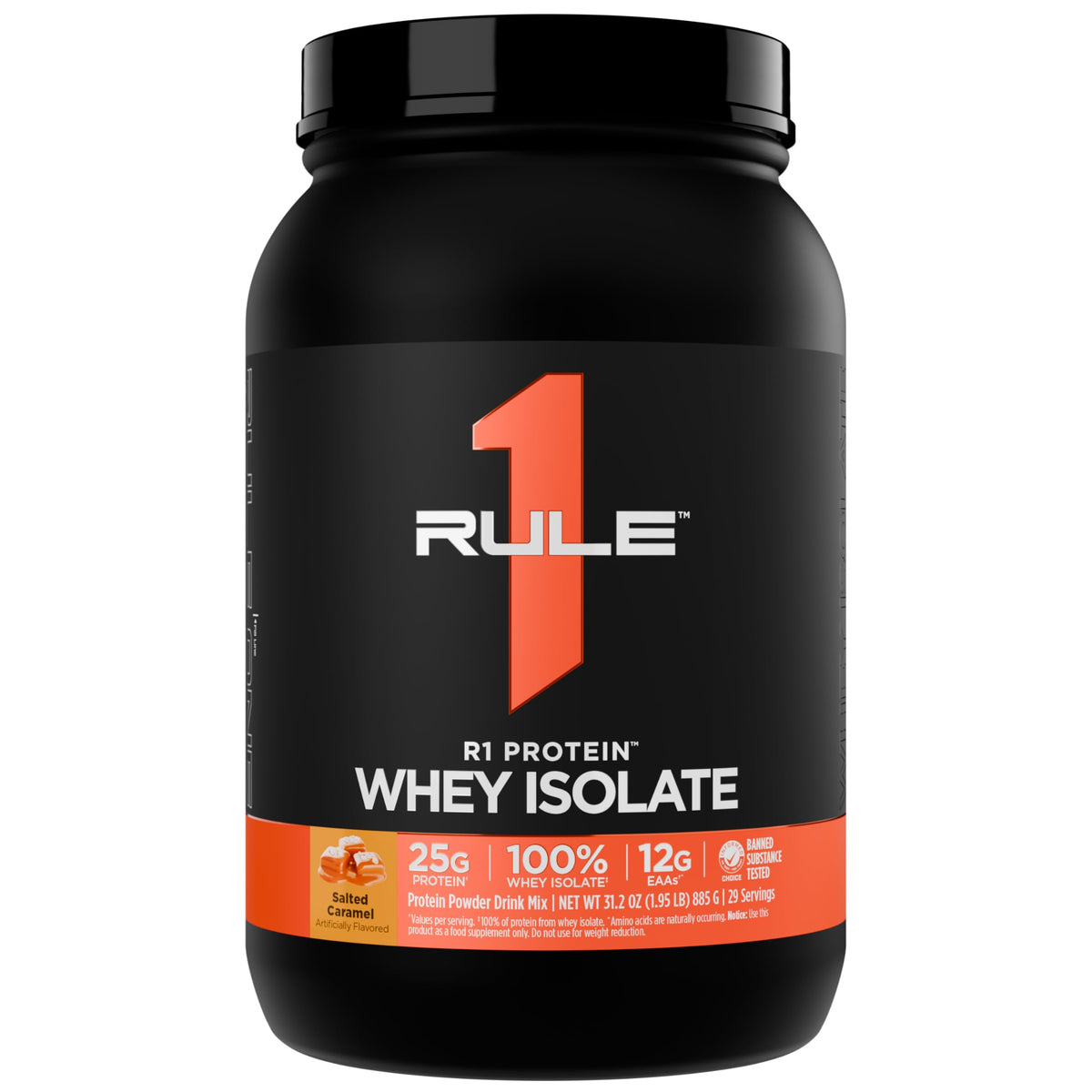 Rule 1 Proteins envase frontal Salted Caramel mostrando diseño y tamaño beneficioso