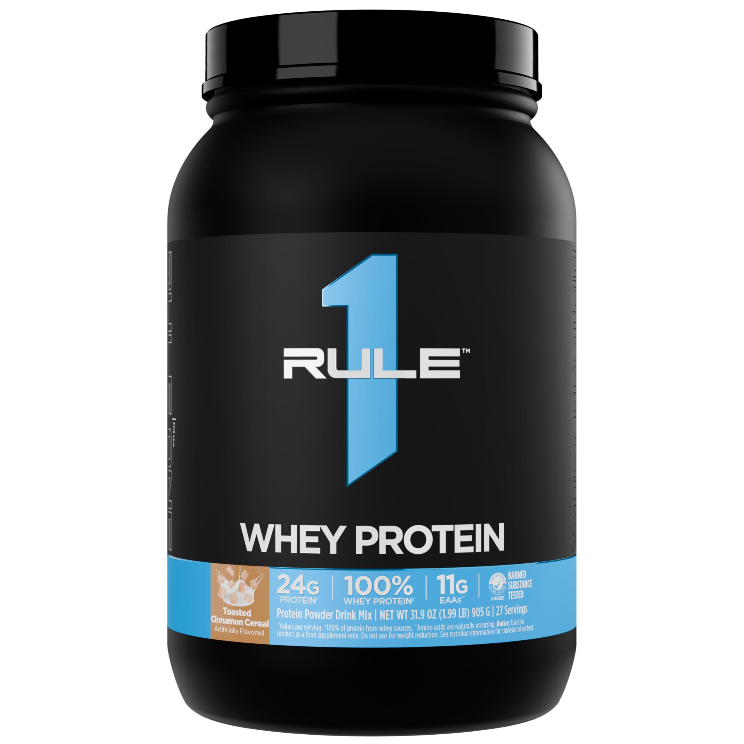 Rule 1 Proteins frasco frontal mostrando etiqueta y beneficio de proteína pura
