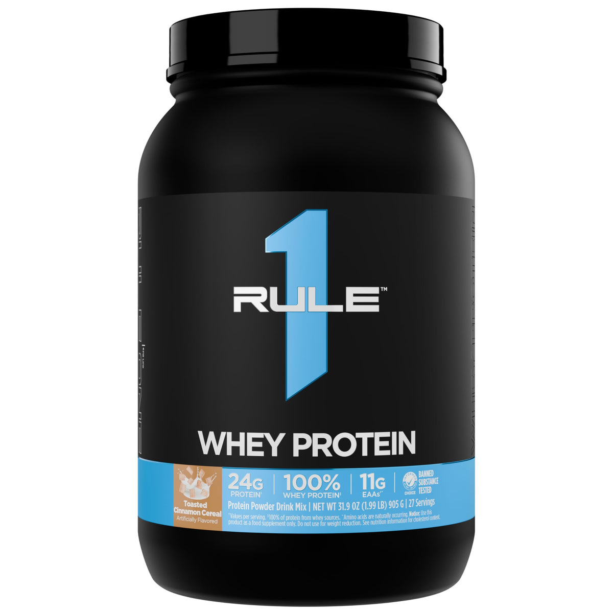 Rule 1 Proteins frasco frontal mostrando etiqueta y beneficio de proteína pura