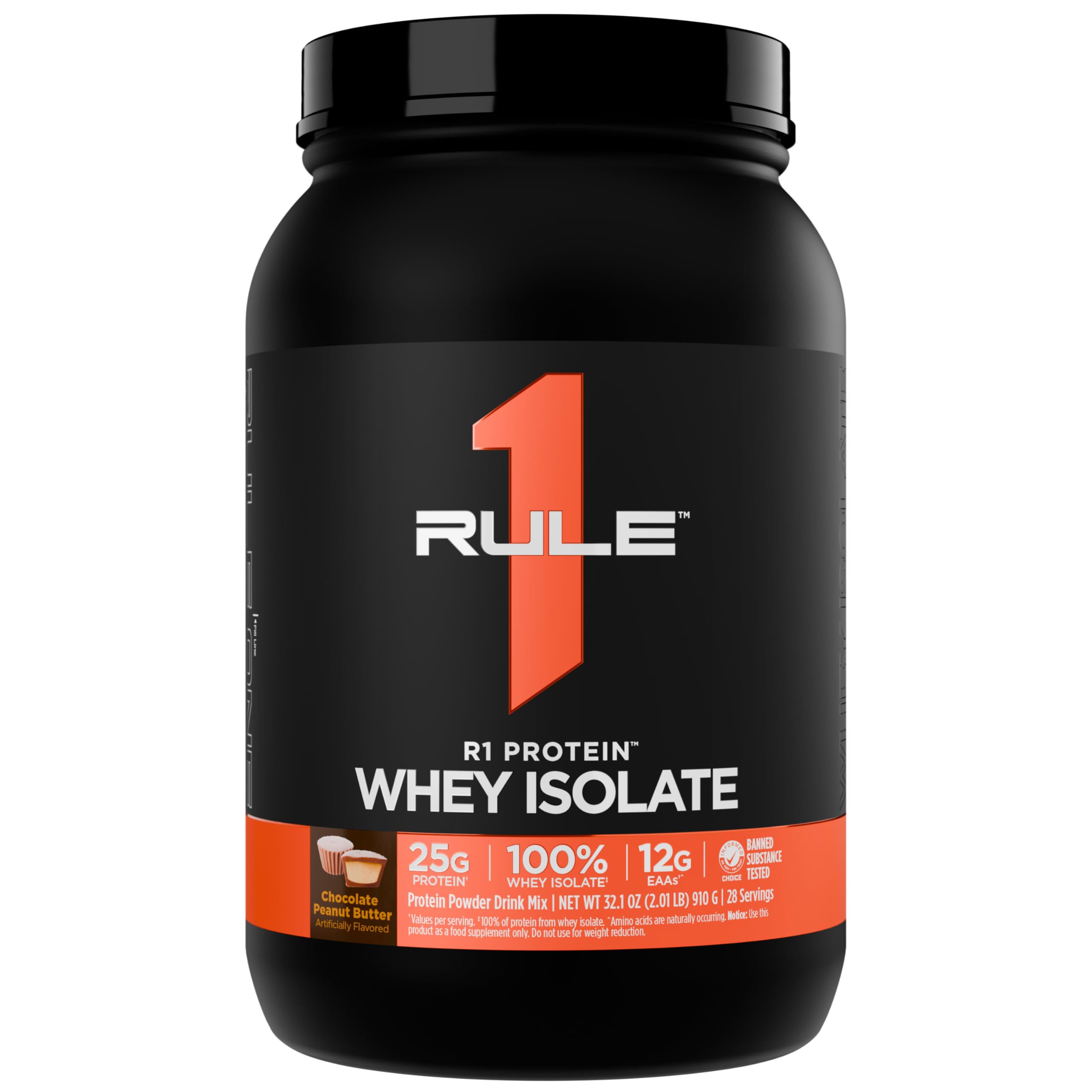 Rule 1 Proteins envase frontal mostrando sabor chocolate peanut butter y beneficio de proteína limpia