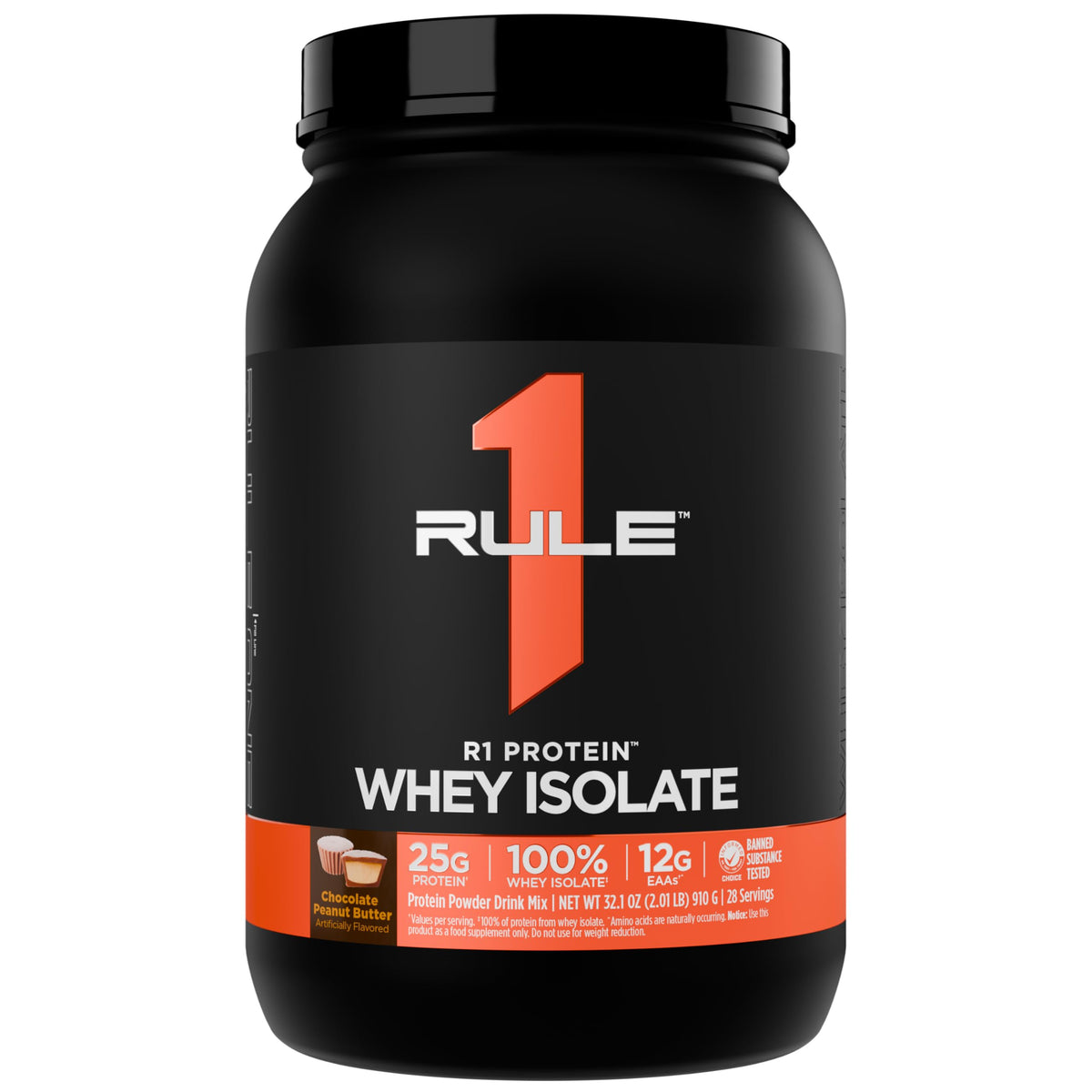 Rule 1 Proteins envase frontal mostrando sabor chocolate peanut butter y beneficio de proteína limpia