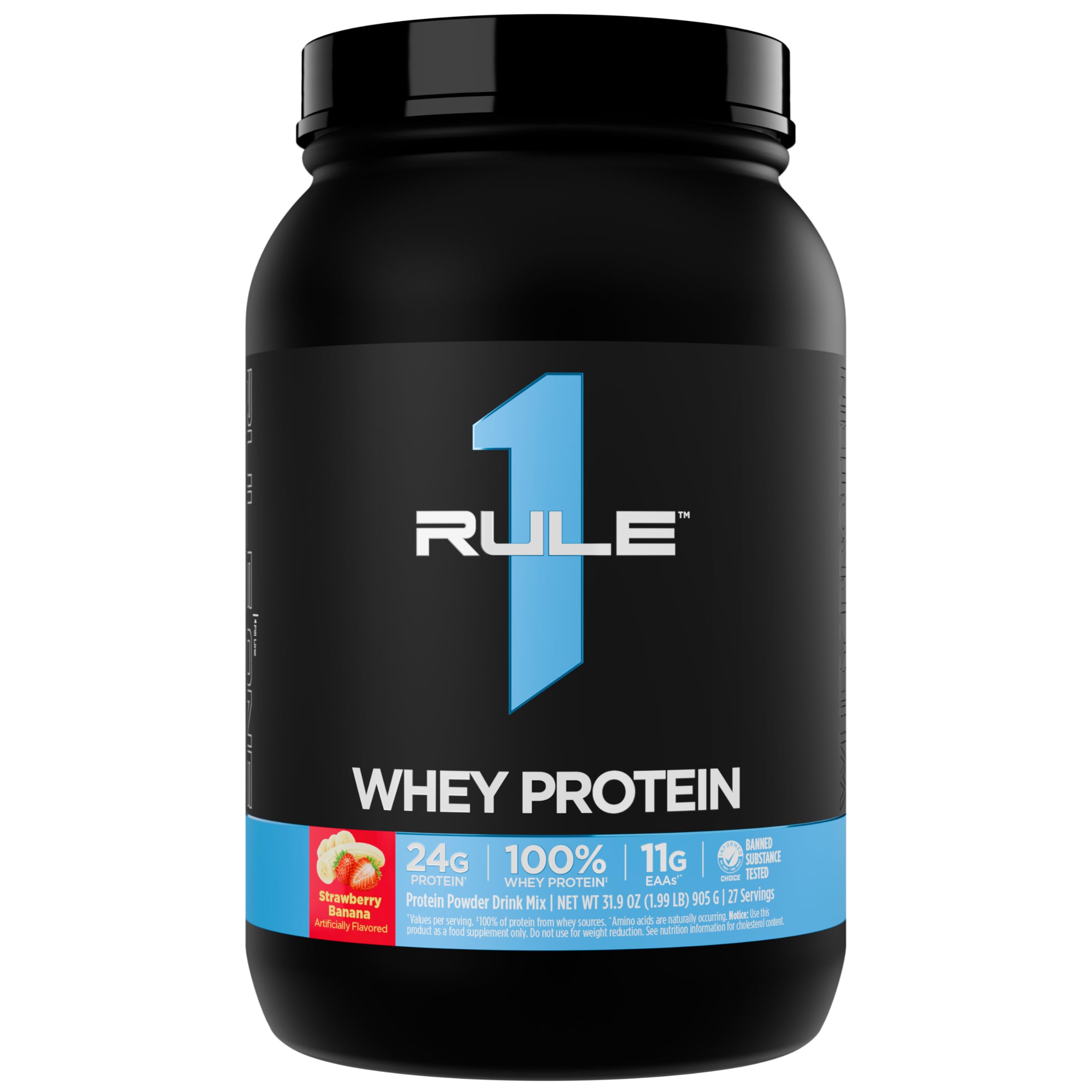 Rule 1 Proteins envase frontal fresa-plátano mostrando tamaño y servings