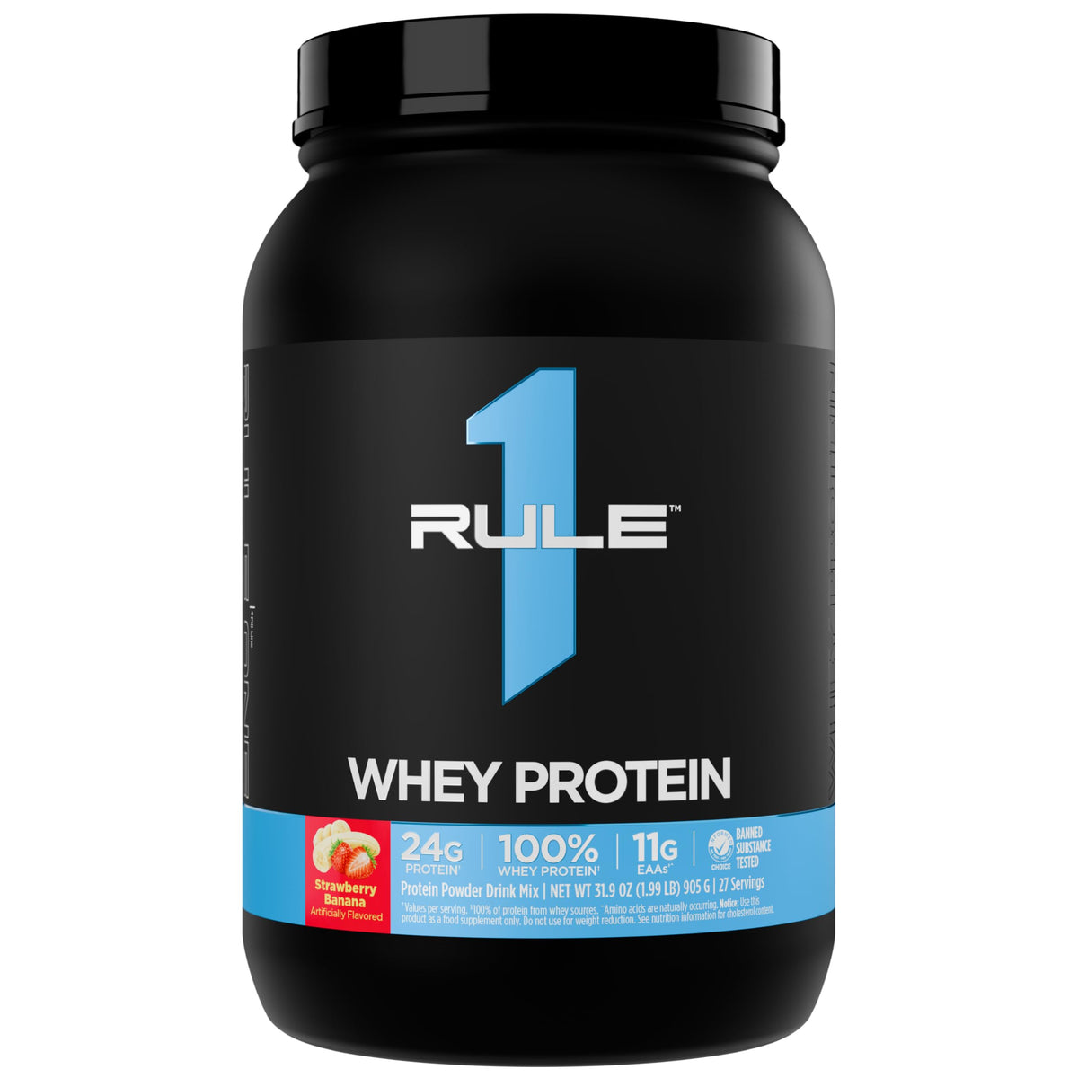 Rule 1 Proteins envase frontal fresa-plátano mostrando tamaño y servings