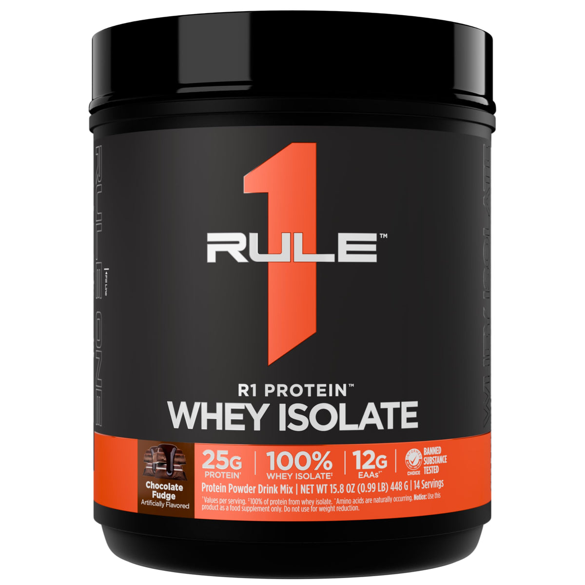 Rule 1 Proteins frente del envase mostrando sabor y 14 servicios