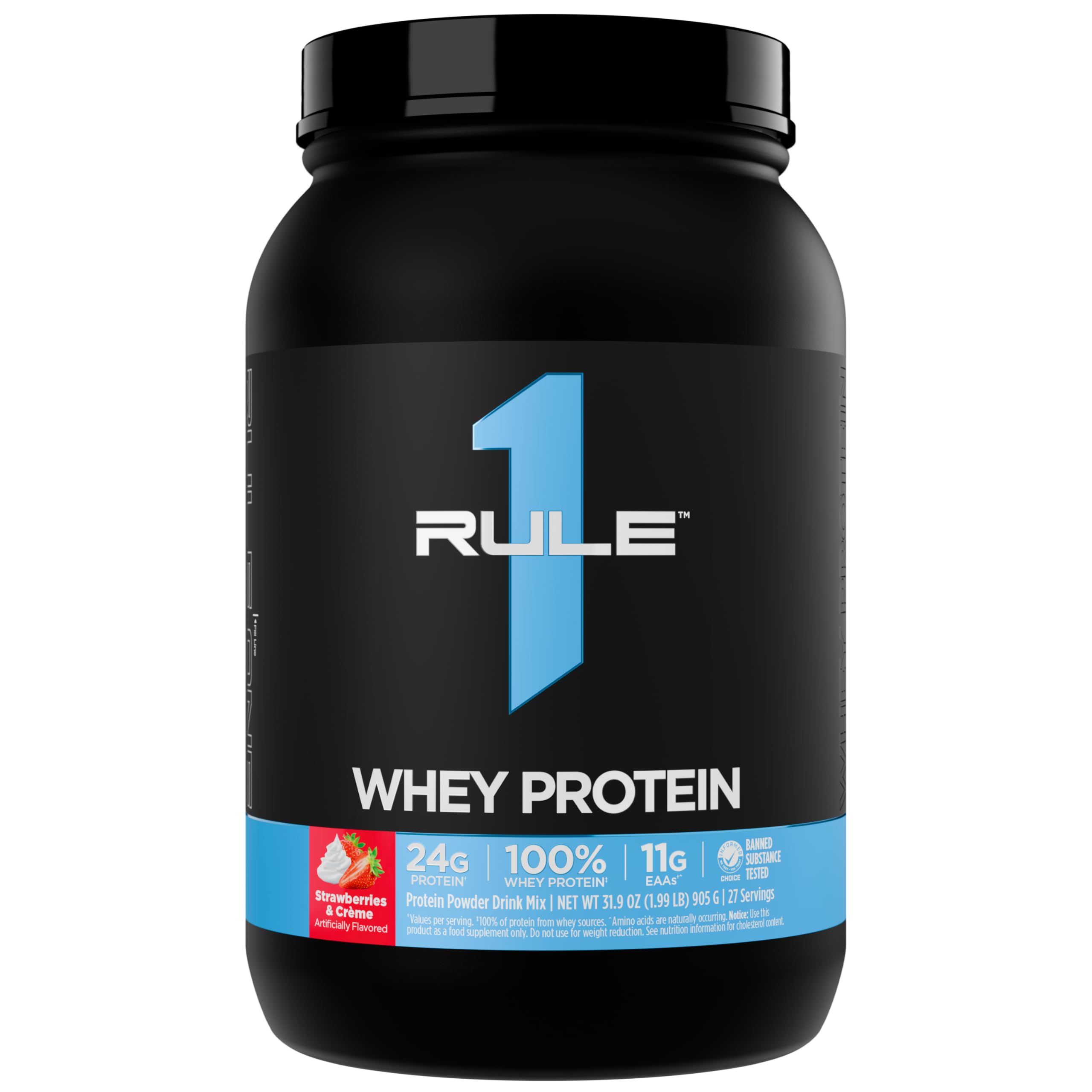 Rule 1 Proteins frente del tarro mostrando etiqueta y beneficios