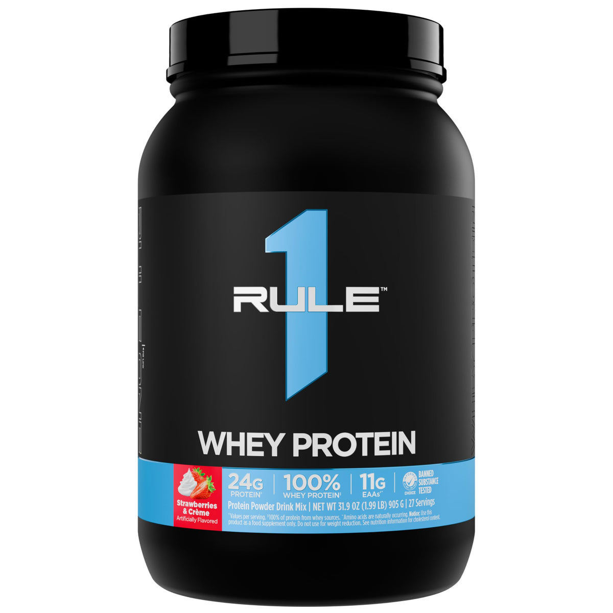 Rule 1 Proteins frente del tarro mostrando etiqueta y beneficios