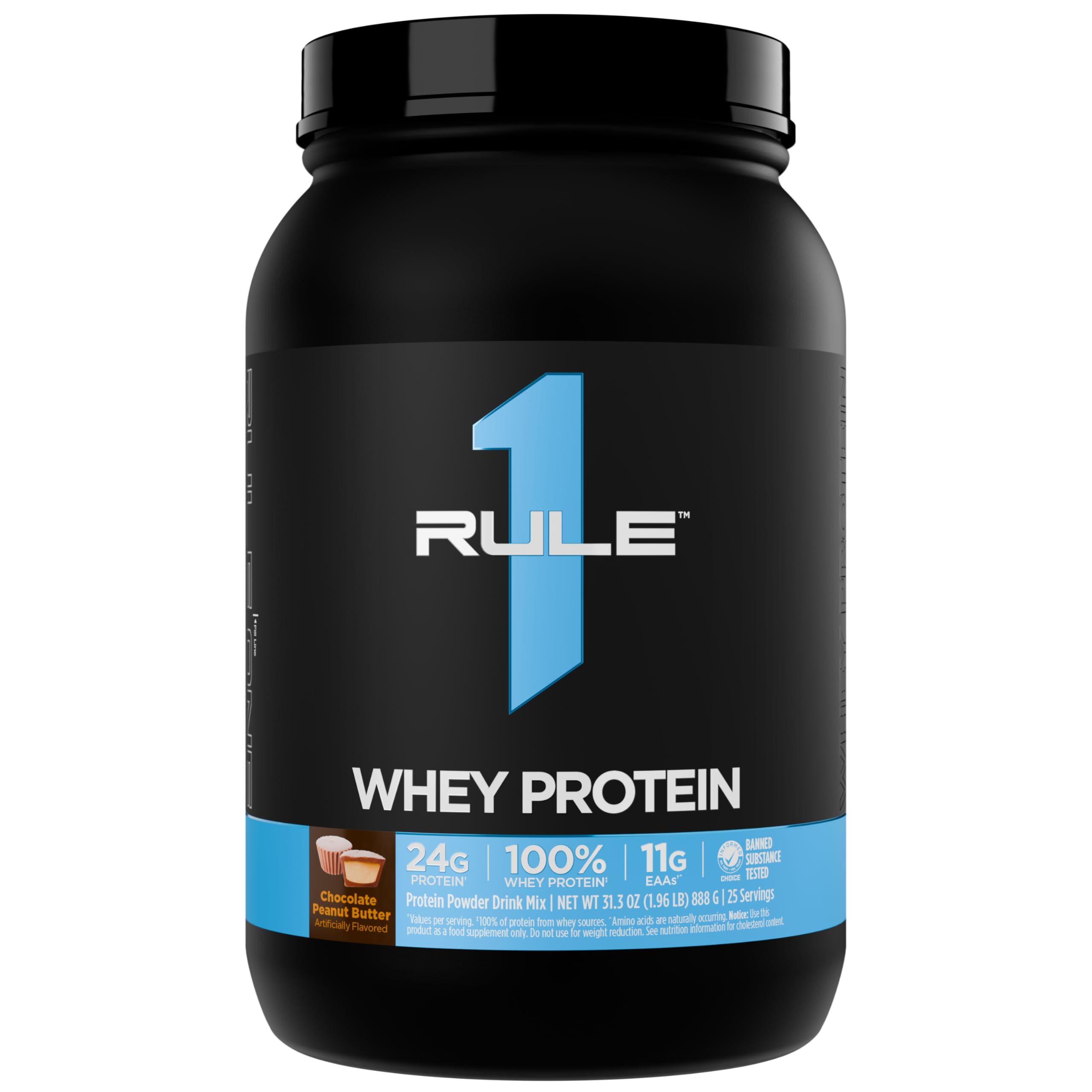 Rule 1 Proteins frente del envase mostrando sabor Chocolate Peanut Butter y claridad de marca