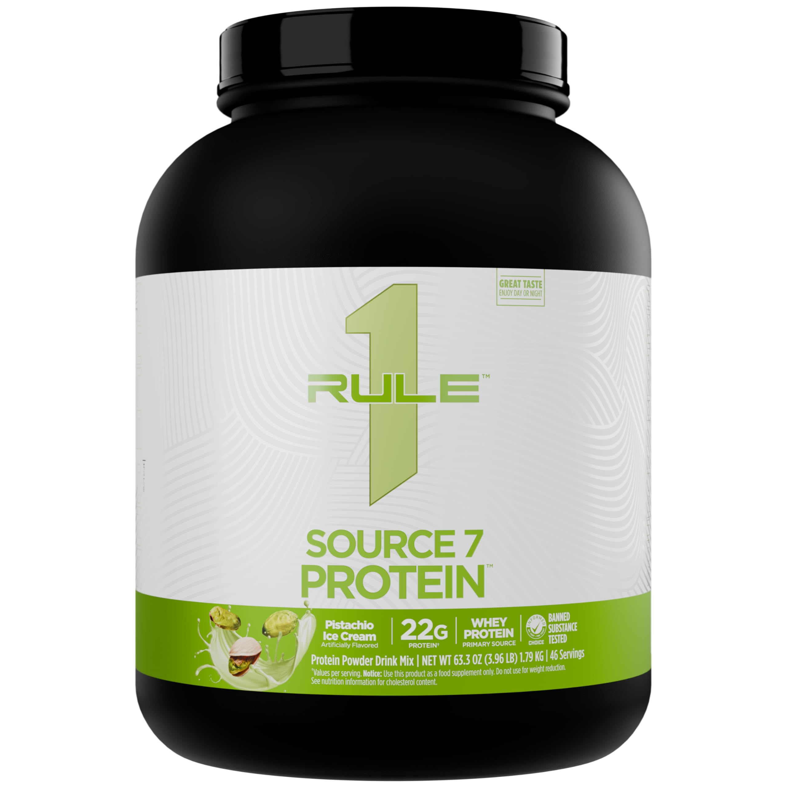 Rule 1 Proteins envase frontal mostrando sabor Pistachio Ice Cream y diseño atractivo