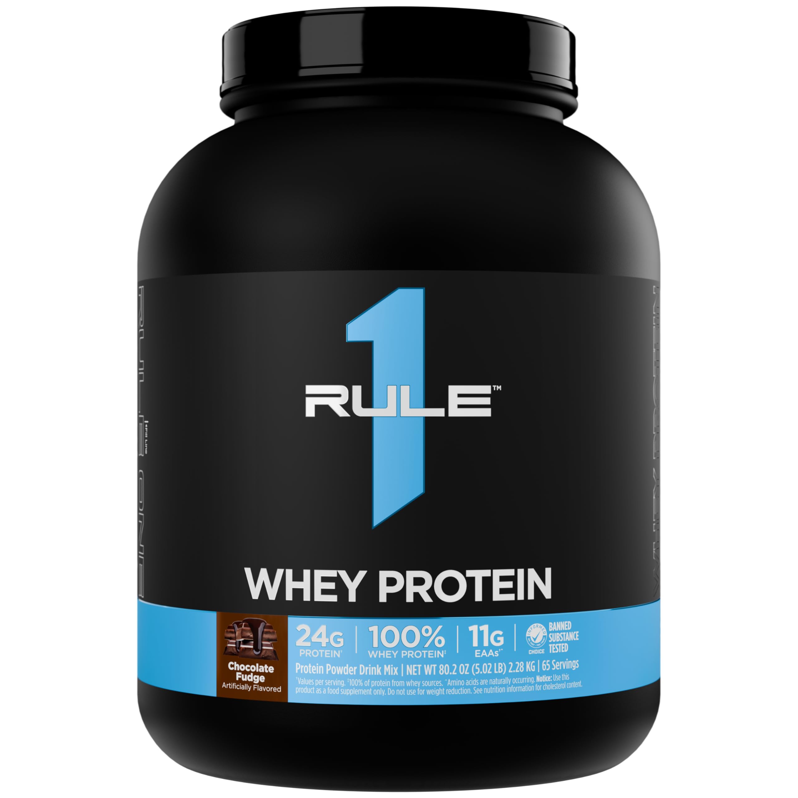 Rule 1 Proteins envase frontal Chocolate Fudge mostrando 65 servicios y sabor