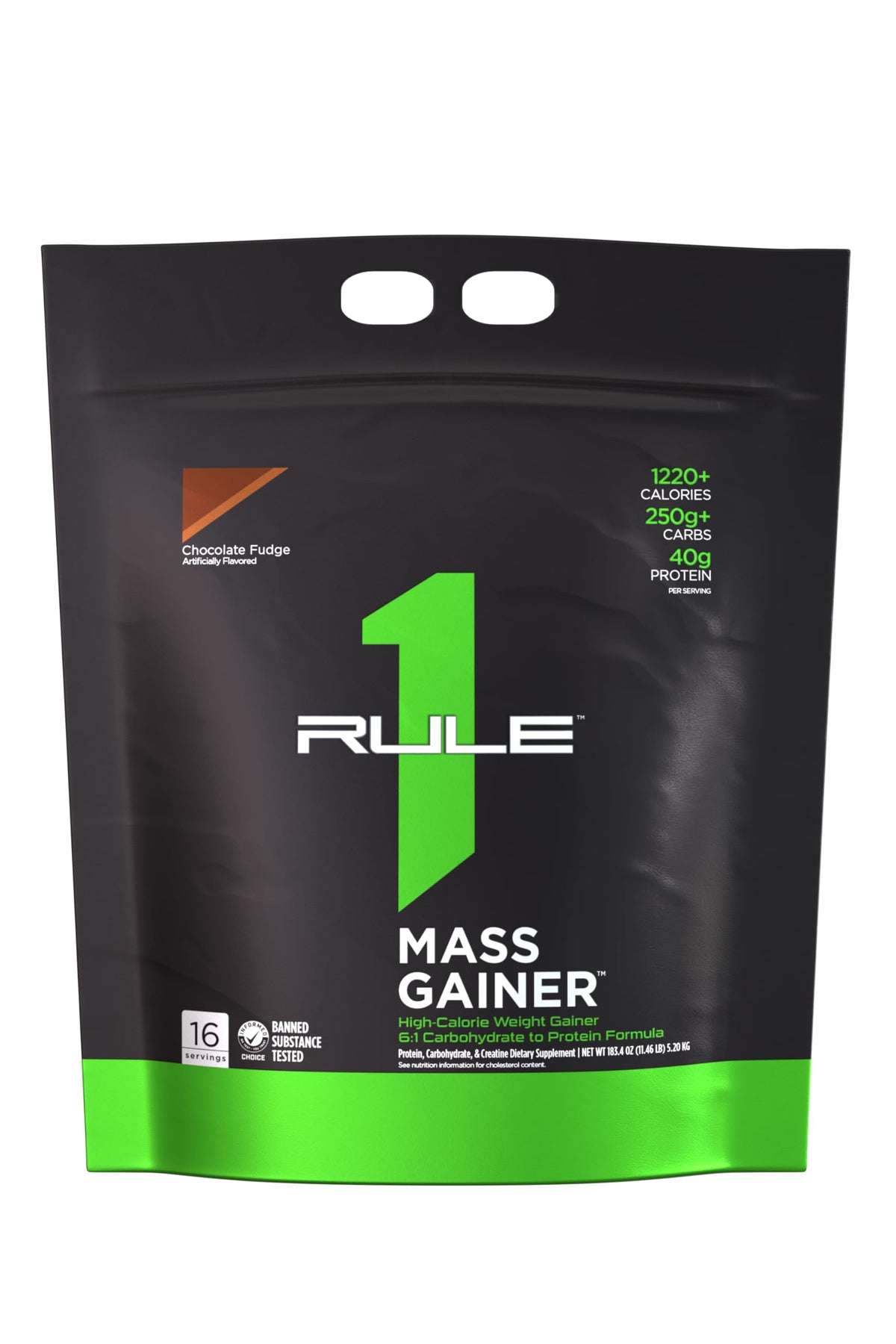 Rule 1 Proteins envase frontal del Mass Gainer mostrando diseño y sabor