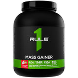 Rule 1 Proteins envase frontal del Mass Gainer Strawberries & Crème mostrando tamaño y marca