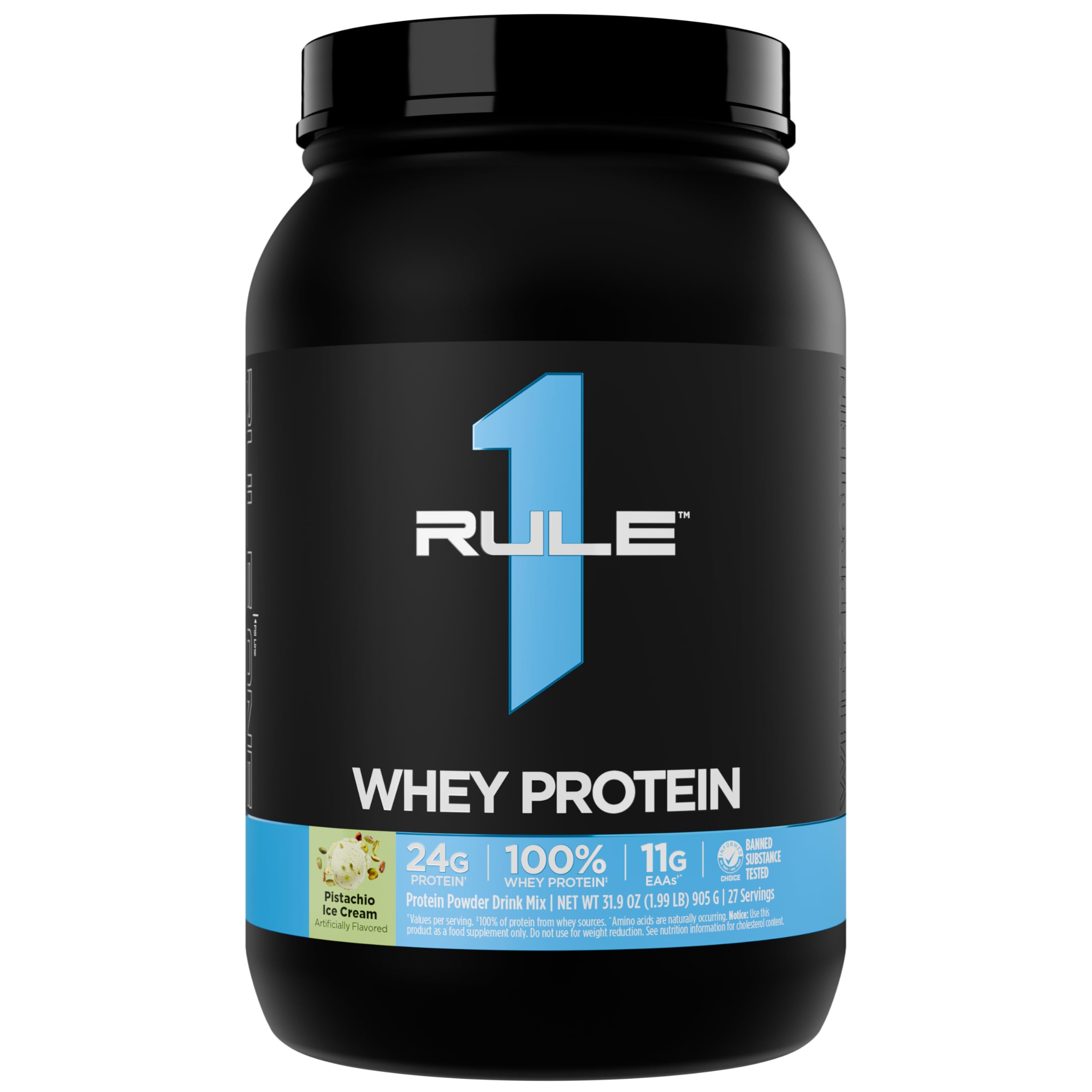 Rule 1 Proteins envase frontal sabor Pistachio Ice Cream mostrando 27 porciones y beneficio práctico