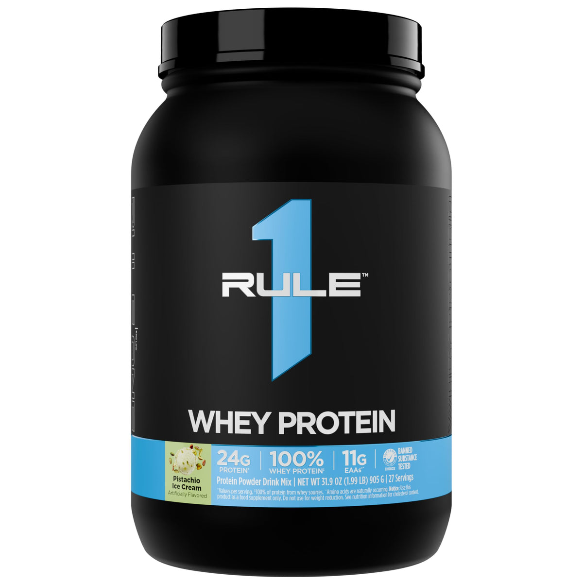 Rule 1 Proteins envase frontal sabor Pistachio Ice Cream mostrando 27 porciones y beneficio práctico