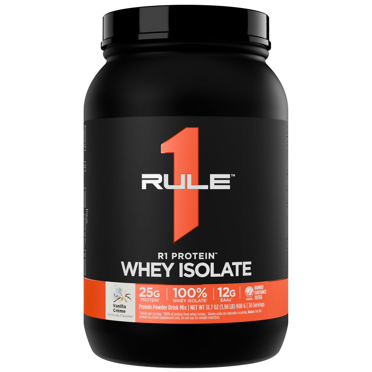 Rule 1 Proteins frente del empaque que muestra porciones y sabor