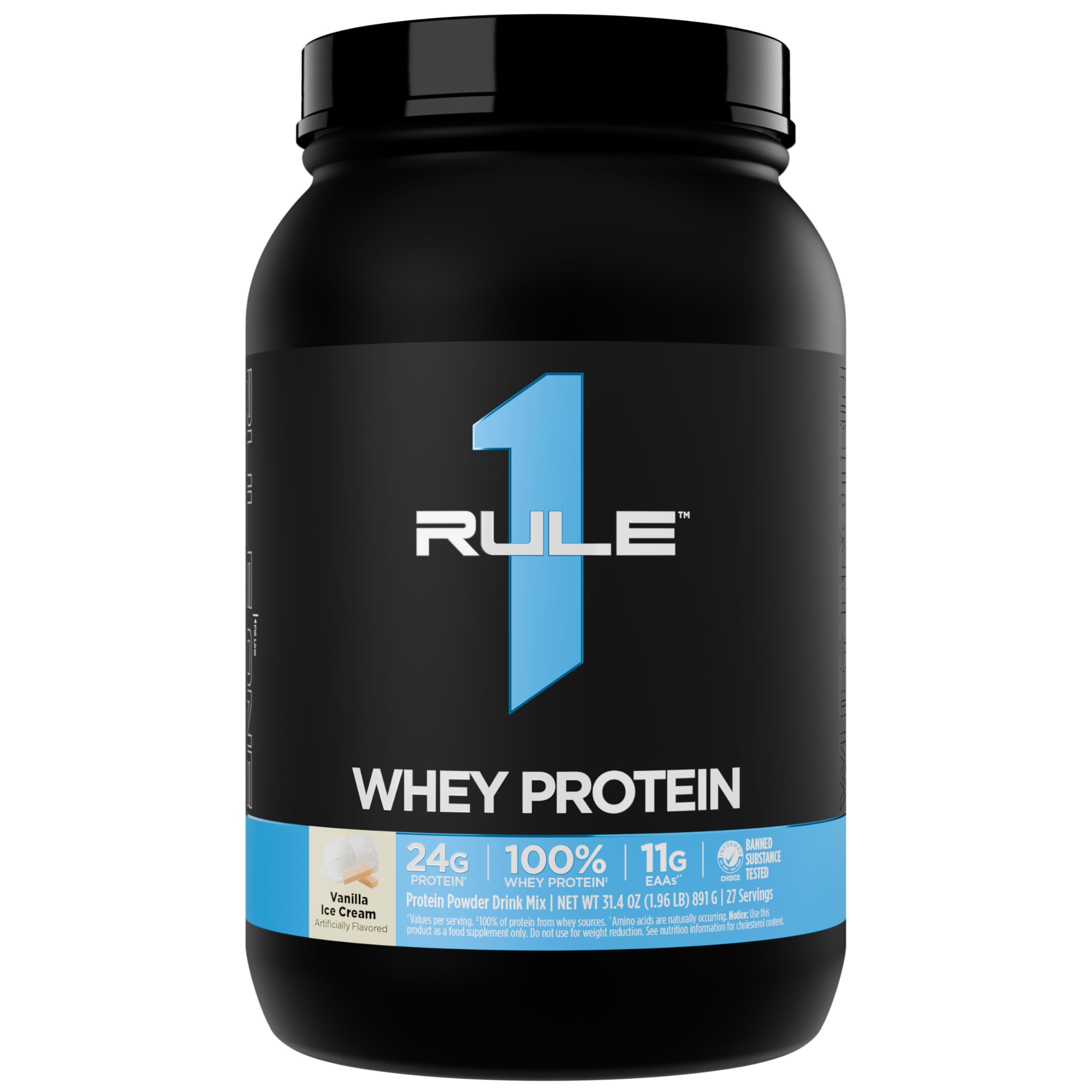 Rule 1 Proteins envase frontal Vainilla Ice Cream mostrando 27 raciones y diseño claro