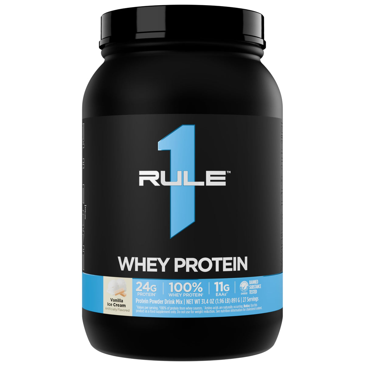 Rule 1 Proteins envase frontal Vainilla Ice Cream mostrando 27 raciones y diseño claro