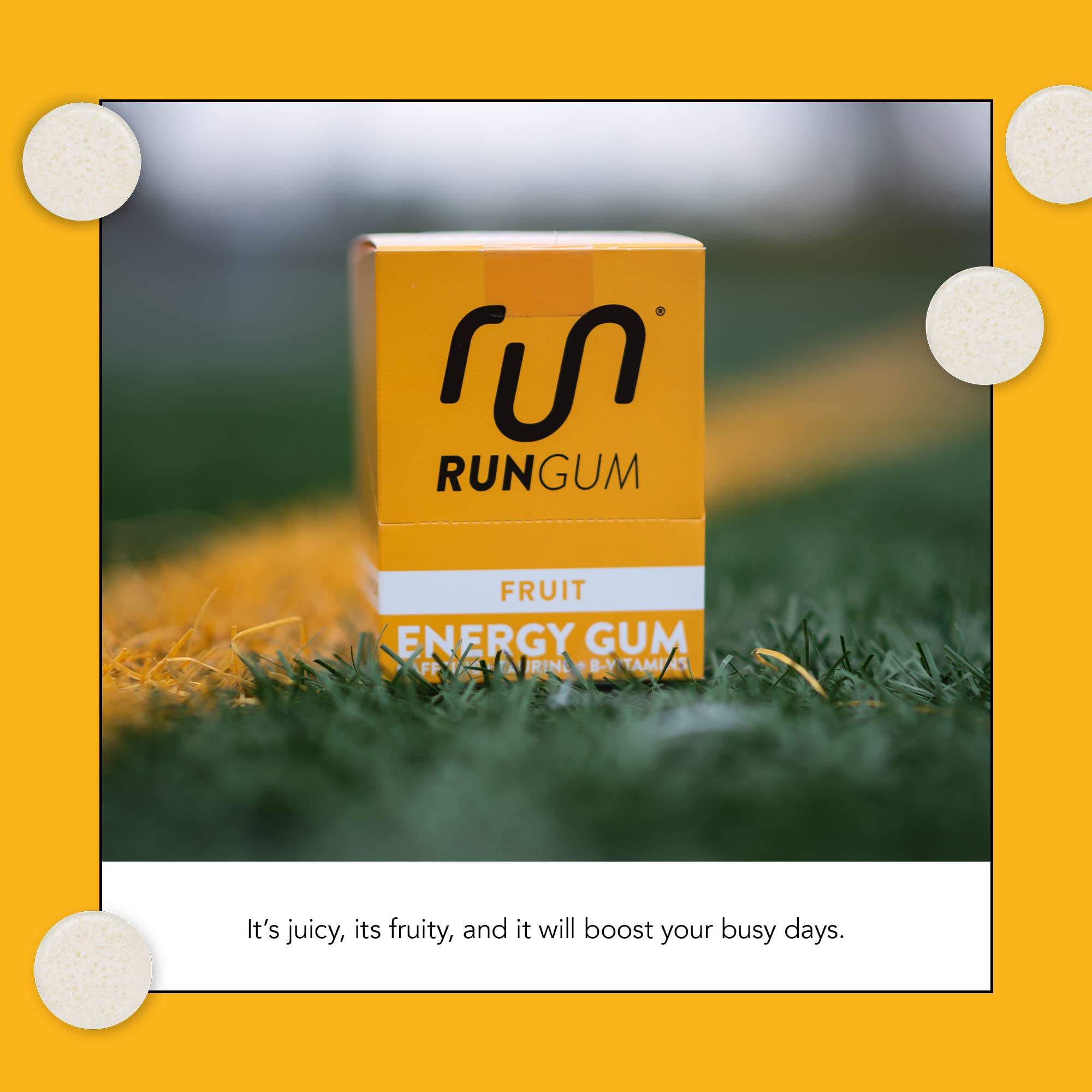 Run Gum junto a una moneda para escala, beneficio: tamaño compacto