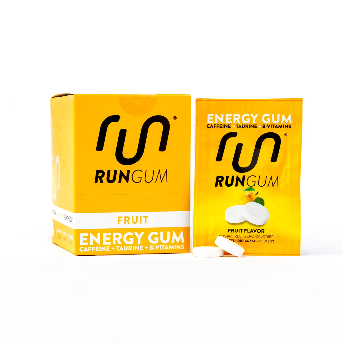 Run Gum embalaje frontal mostrando caja y logotipo, beneficio: portable