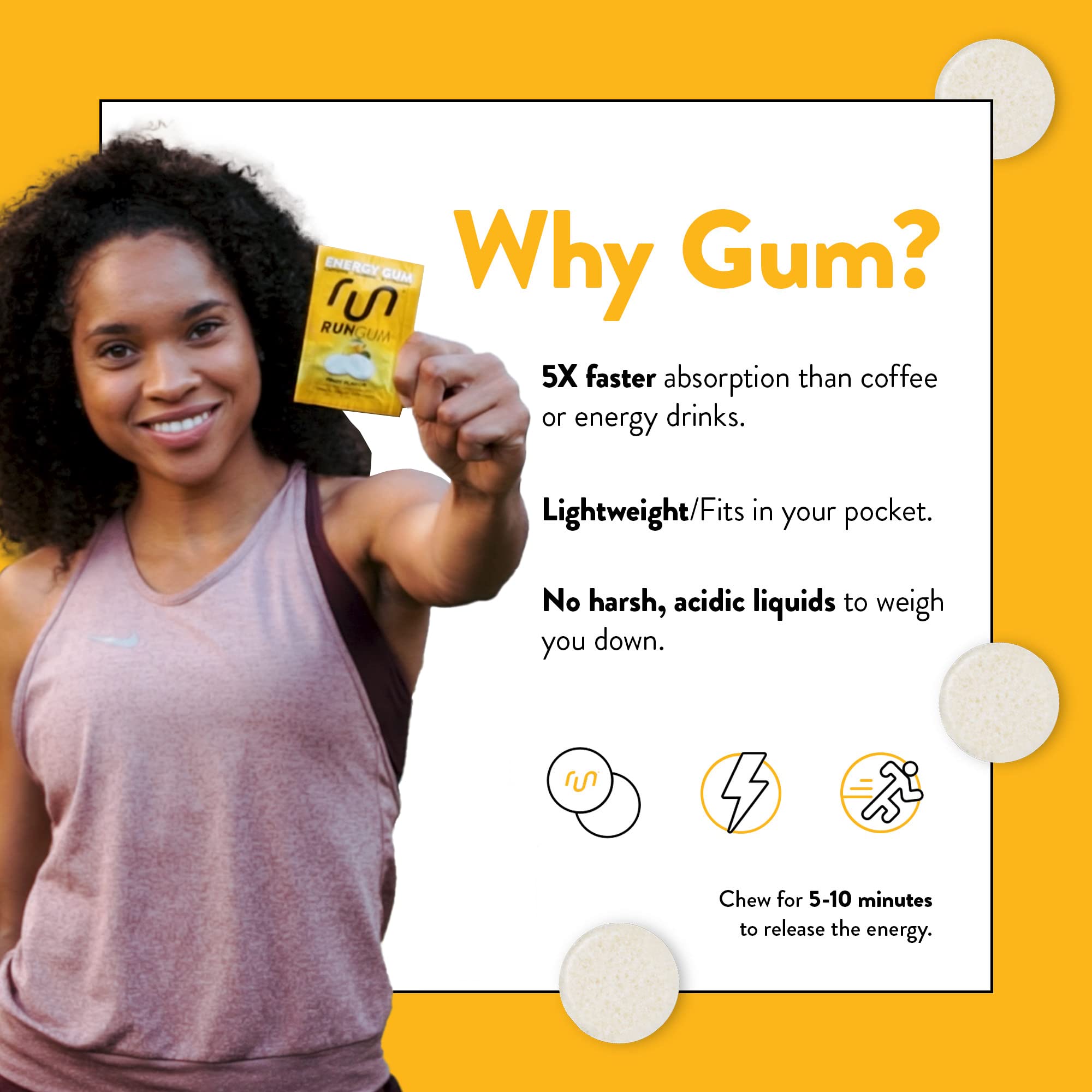Run Gum pieza en mano lista para masticar, beneficio: acción rápida