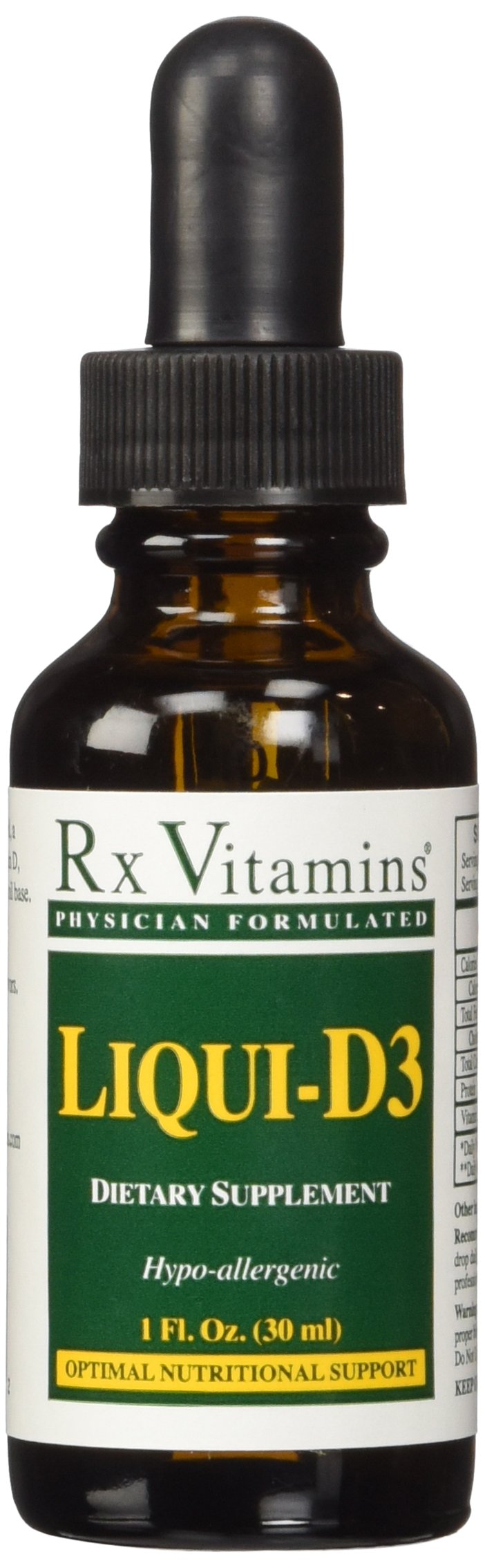 Rx Vitamins frasco frontal de Liqui-D3 mostrando etiqueta clara y dosificación