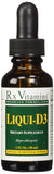 Rx Vitamins frasco frontal de Liqui-D3 mostrando etiqueta clara y dosificación