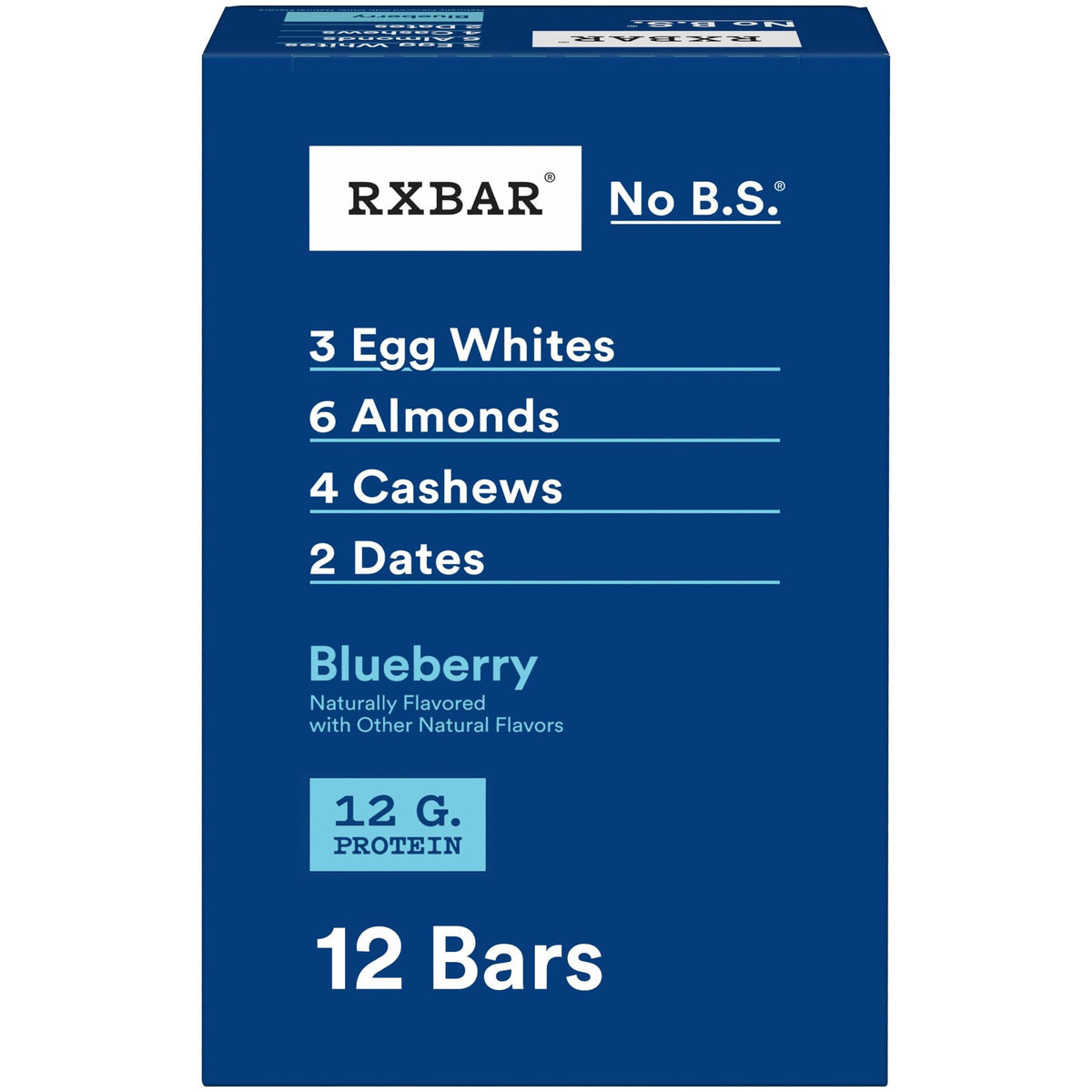 RXBAR frontal de la caja azul blueberry mostrando beneficios y cantidad