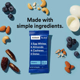 RXBAR ingredientes agrupados: claras de huevo, almendras, anacardos y dátiles