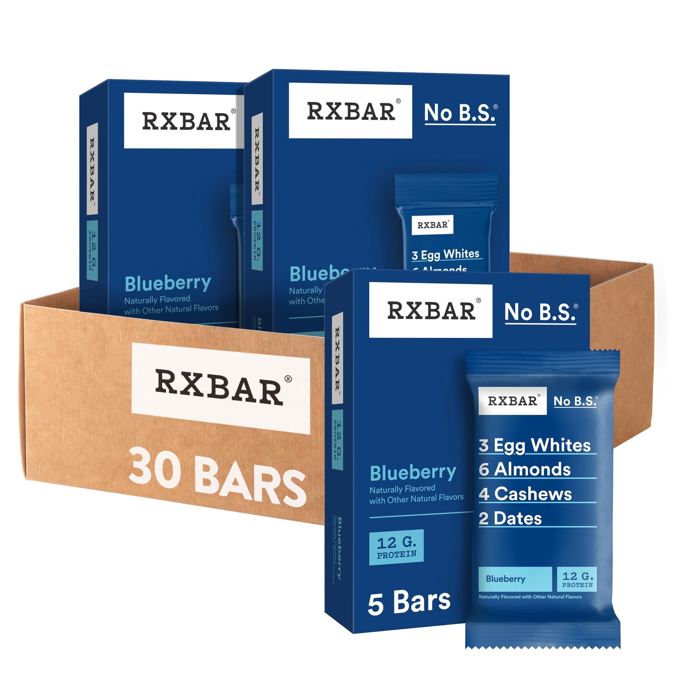 RXBAR frente del empaque mostrando sabor Blueberry y beneficio práctico