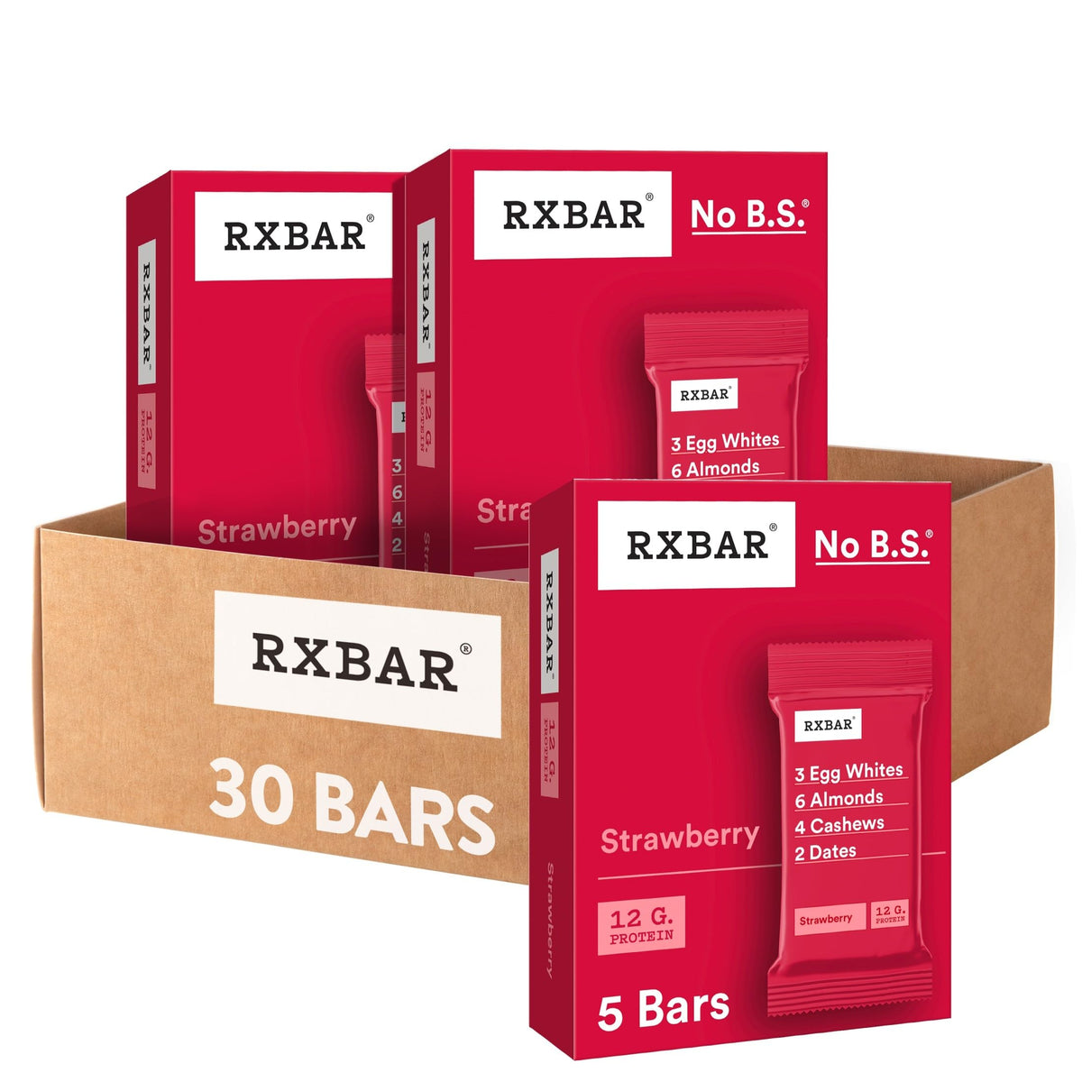 RXBAR vista frontal del empaque mostrando sabor fresa y beneficios