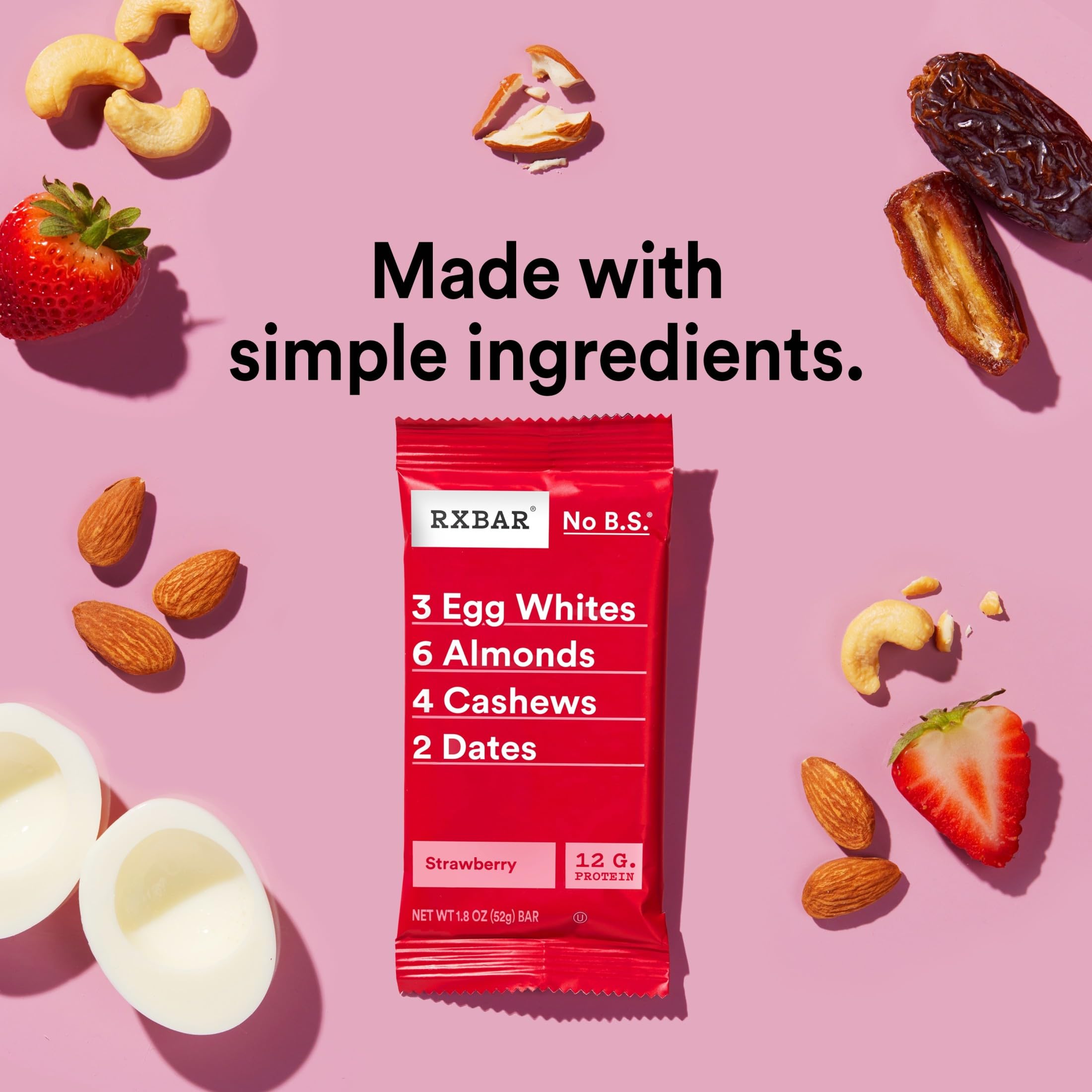 RXBAR ingredientes naturales dátiles y nueces junto a fresas reales