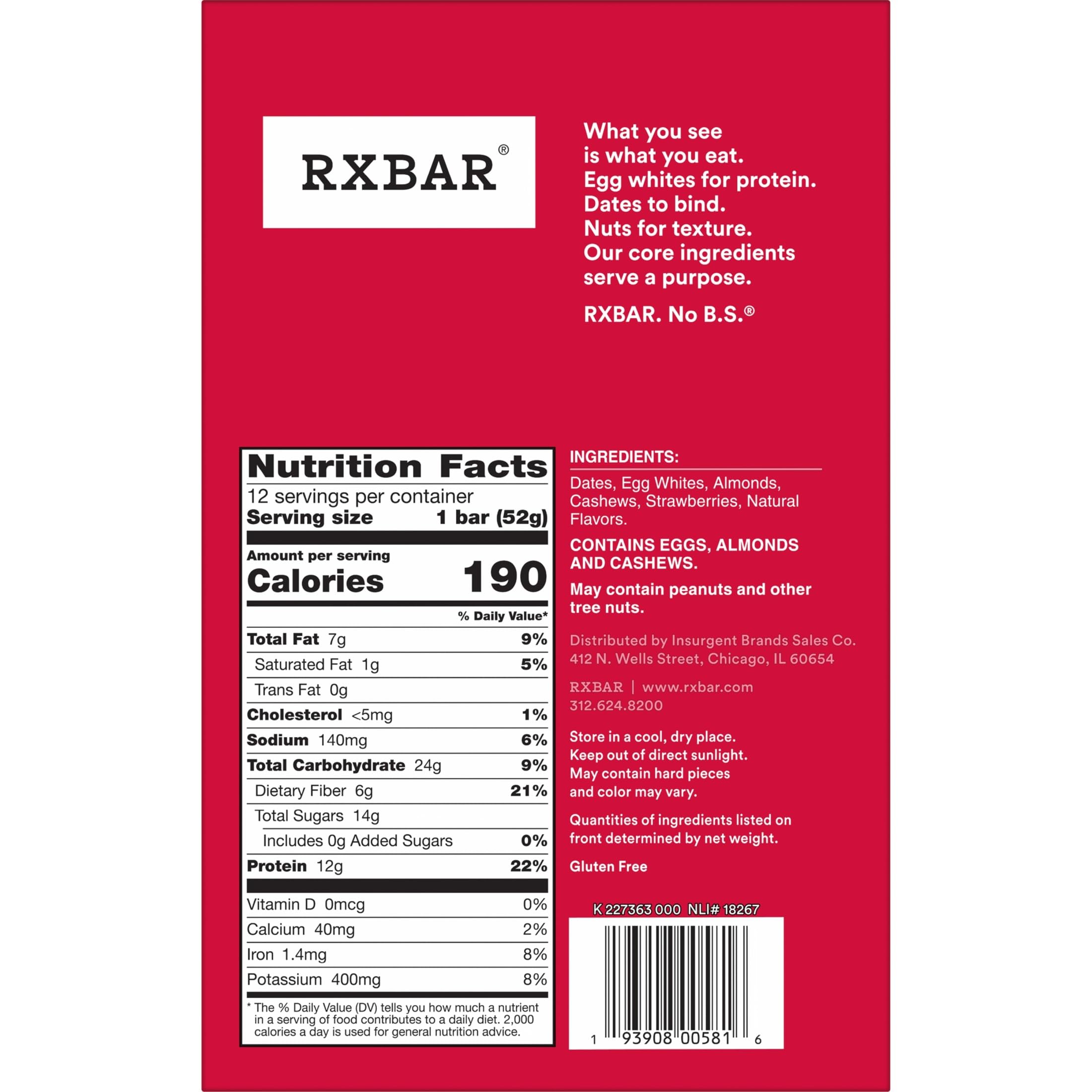 RXBAR tres barras fresa dispuestas para comparar porciones y tamaño