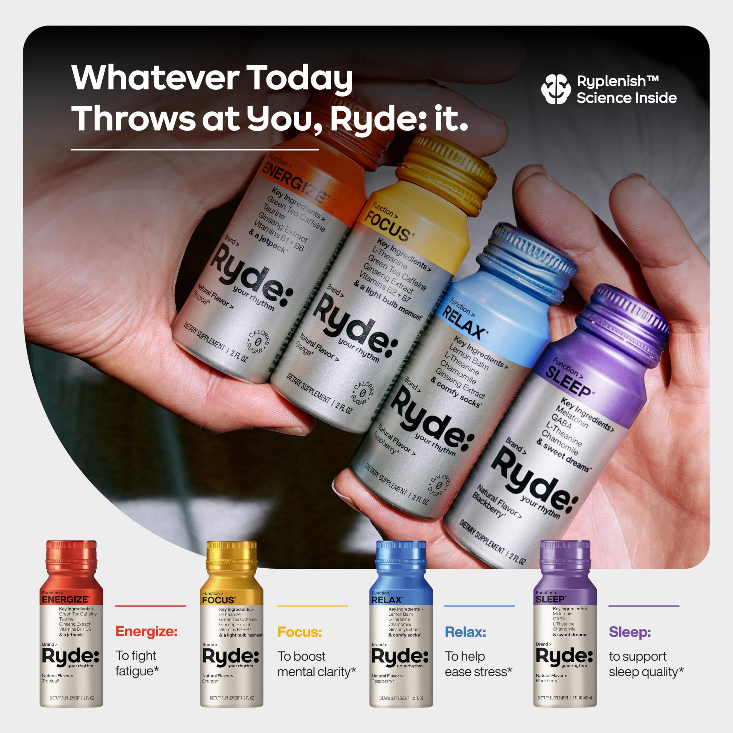 RYDE YOUR RHYTHM botellas alineadas para visualizar variedad y conveniencia