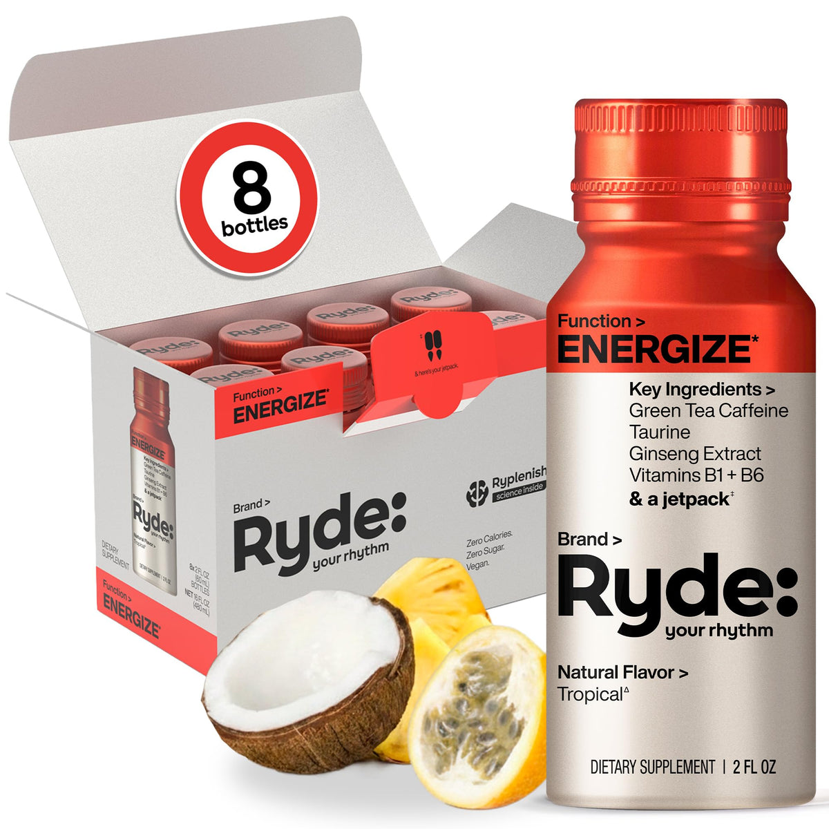 RYDE YOUR RHYTHM envase frontal mostrando sabor tropical y portabilidad