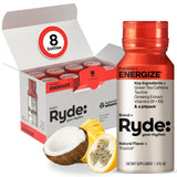 RYDE YOUR RHYTHM envase frontal mostrando sabor tropical y portabilidad