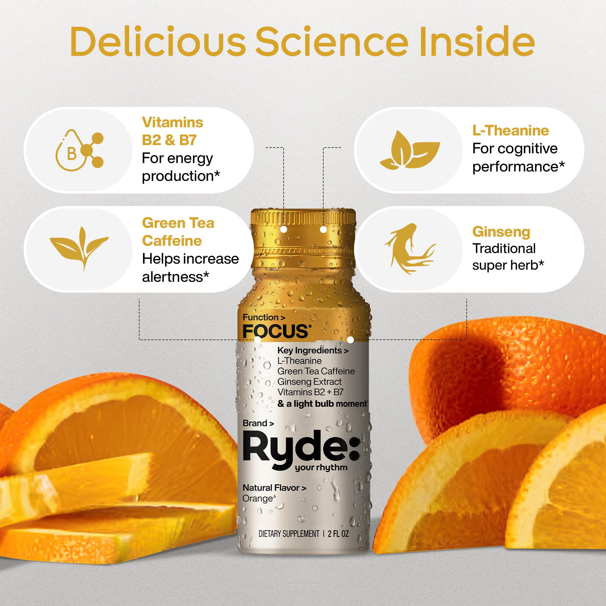 RYDE YOUR RHYTHM close up del líquido naranja, sabor refrescante visible