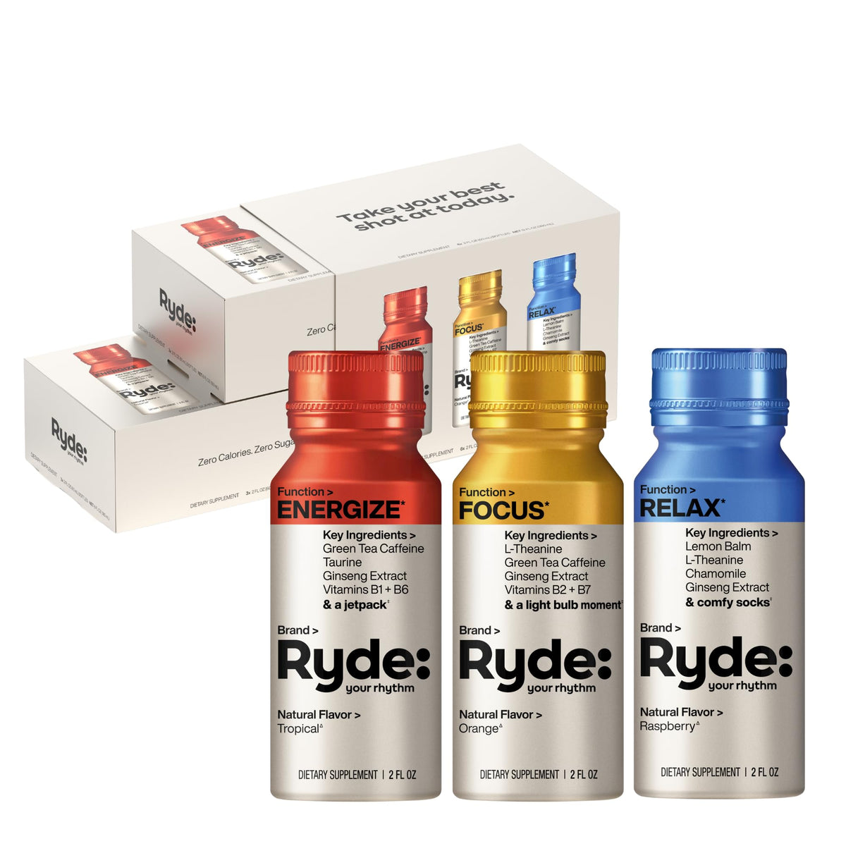 RYDE YOUR RHYTHM pack frontal mostrando sabores y beneficios