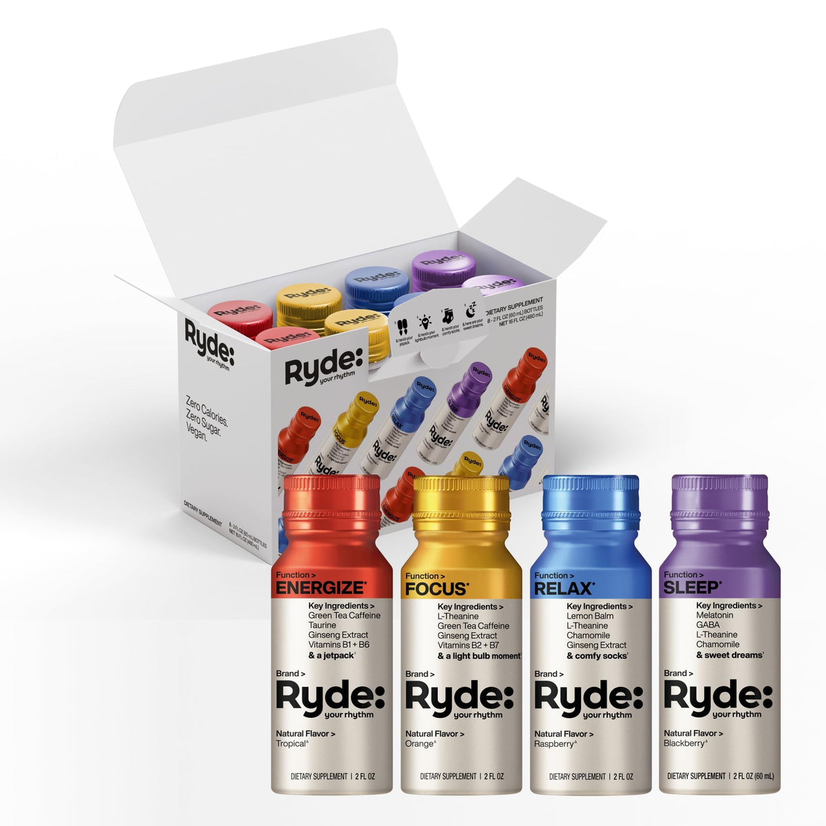 RYDE YOUR RHYTHM paquete frontal mostrando las ocho botellas y beneficios