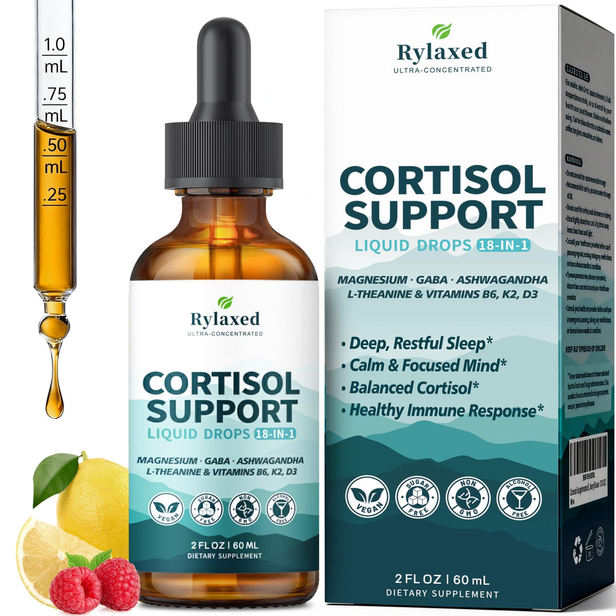 Rylaxed frasco frontal de 60 mL mostrando etiqueta y sabor limón frambuesa para uso diario