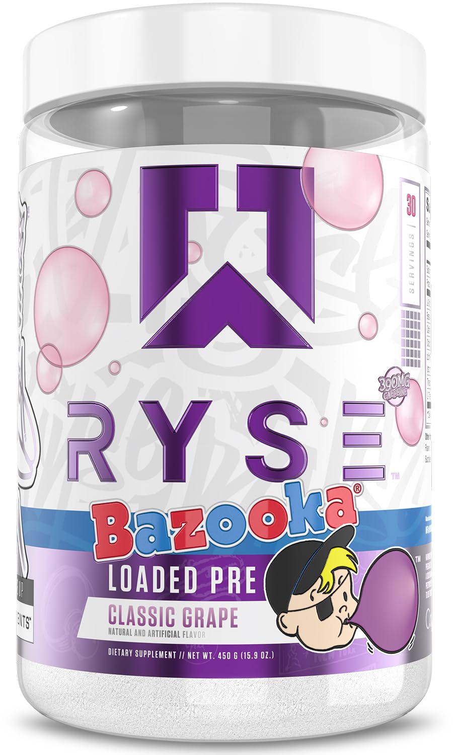 RYSE envase frontal Bazooka Grape mostrando diseño y 30 servicios