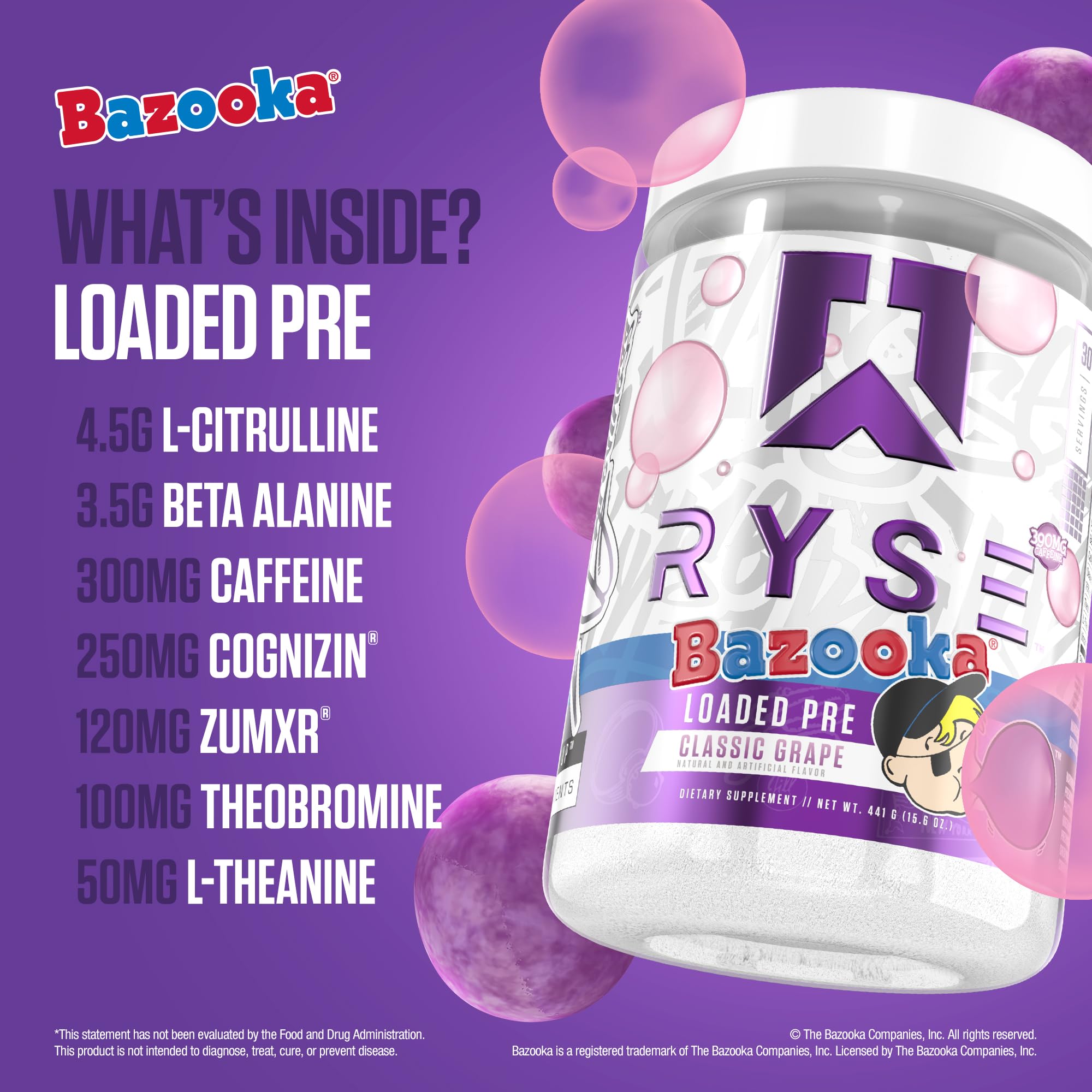 RYSE etiqueta de ingredientes Bazooka Grape mostrando dosis clave