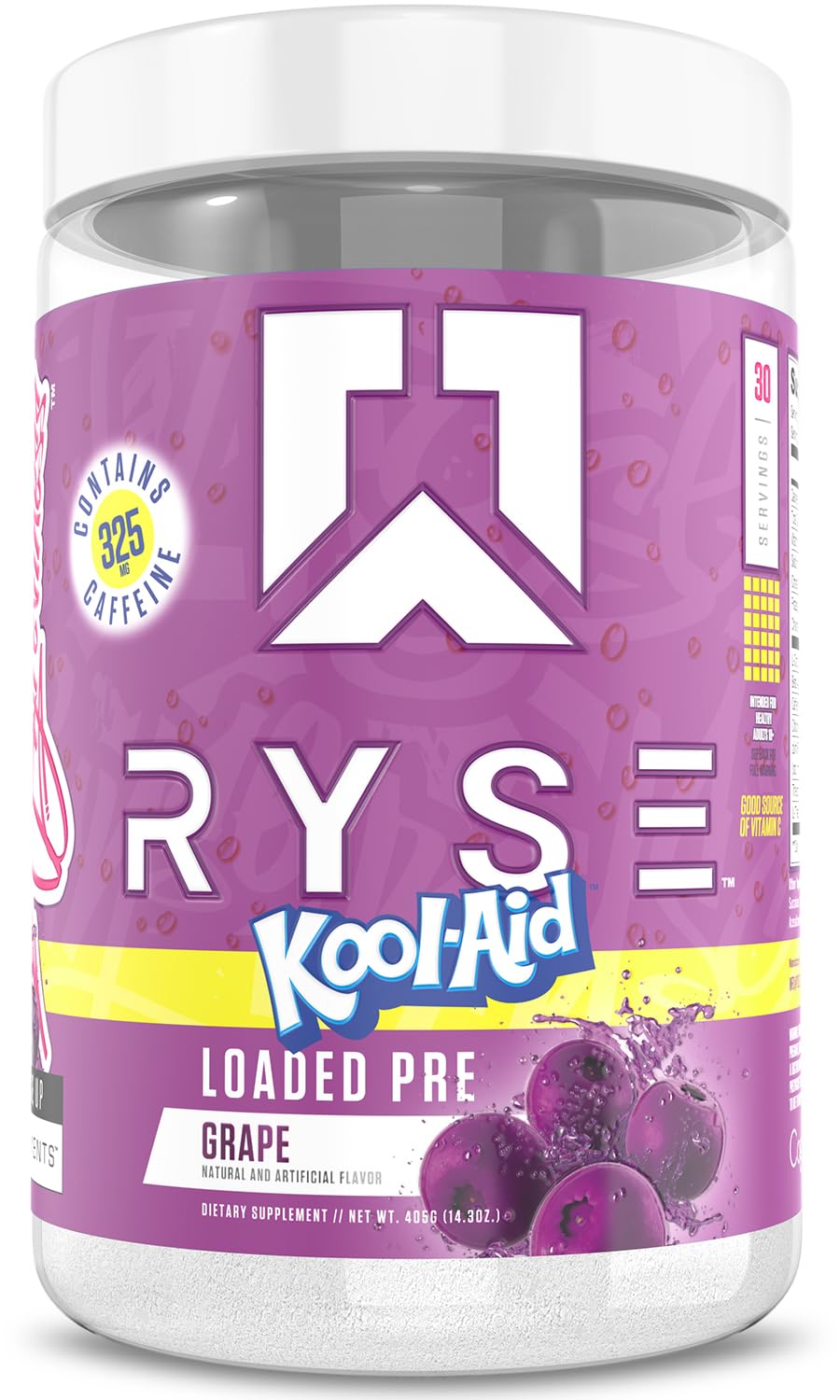 RYSE Up Supplements vista frontal del envase mostrando la marca y beneficios